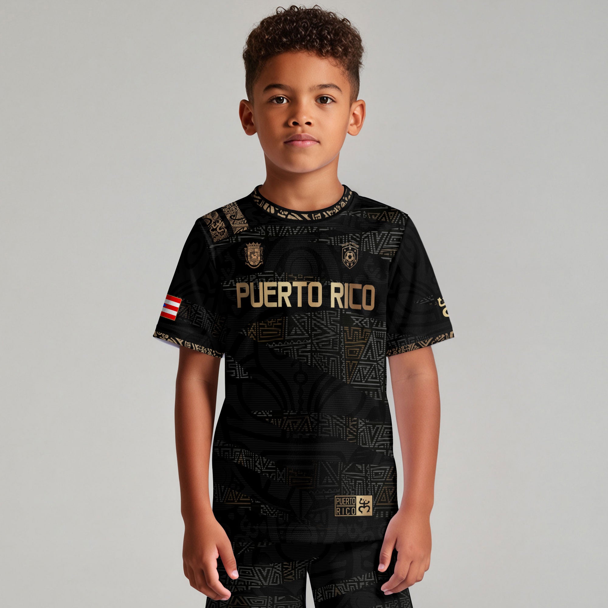 Puerto Rico Kids Youth Black Gold Taino Tribal Pattern National Heritage Soccer Jersey