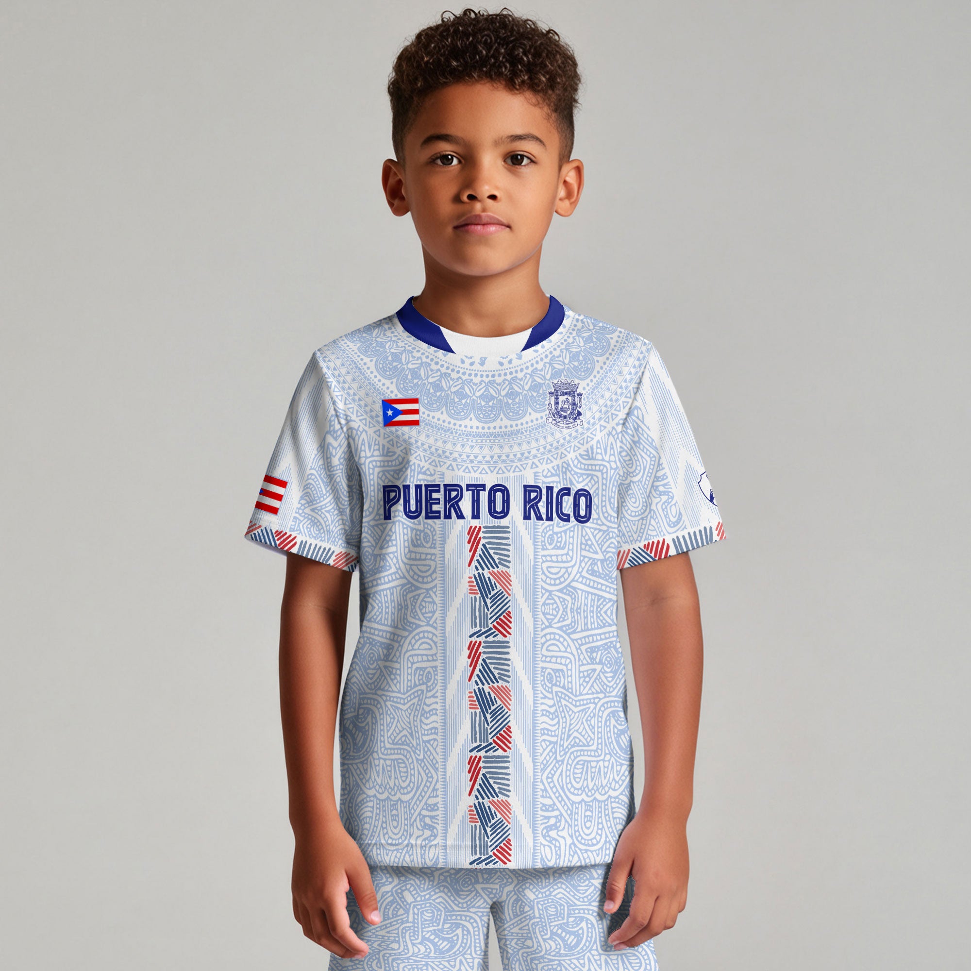 Puerto Rico Kids Youth White Blue Taino Sun National Heritage Boricua Soccer Jersey
