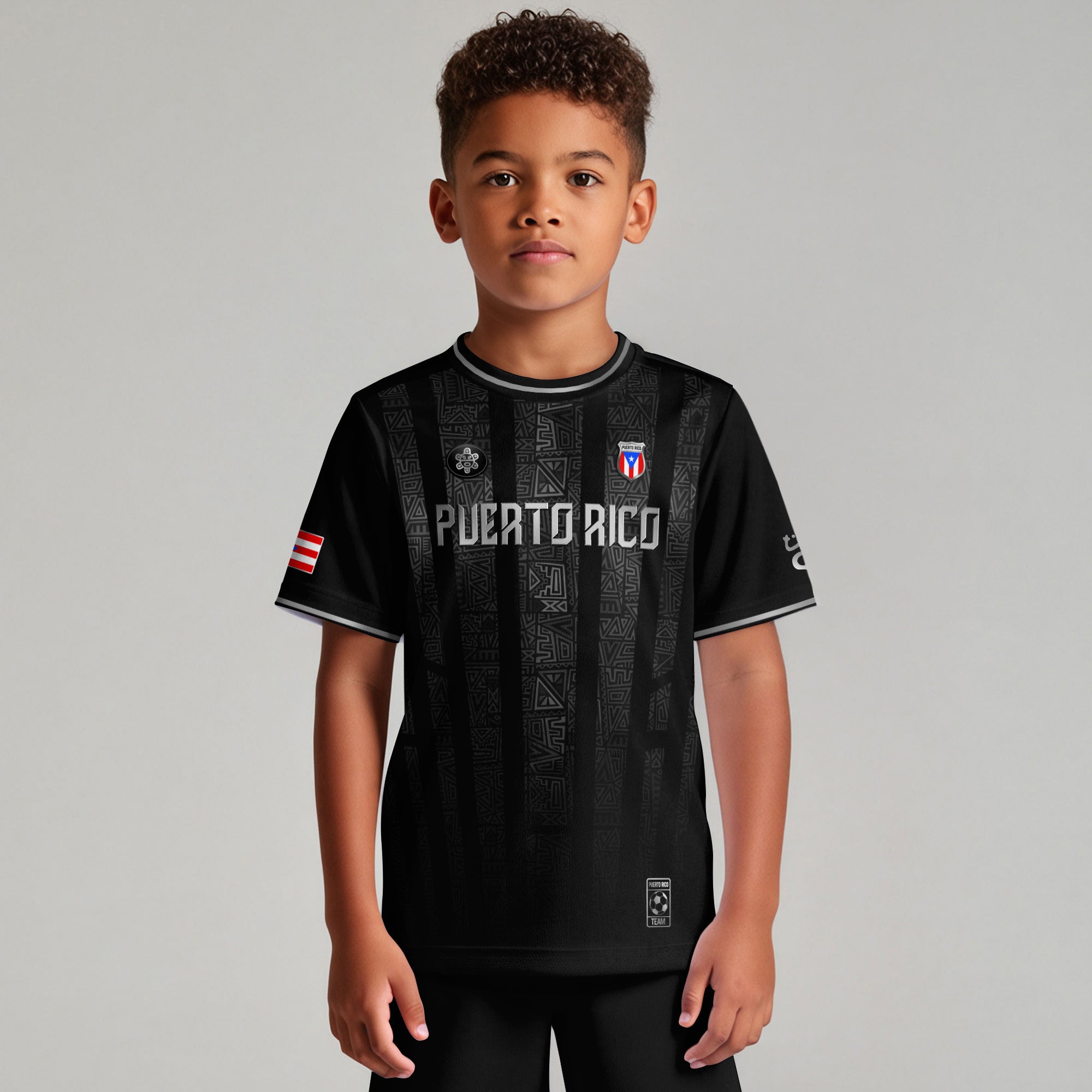 Puerto Rico Kids Youth Black Silver Taino Tribal Vertical Stripes Heritage Soccer Jersey