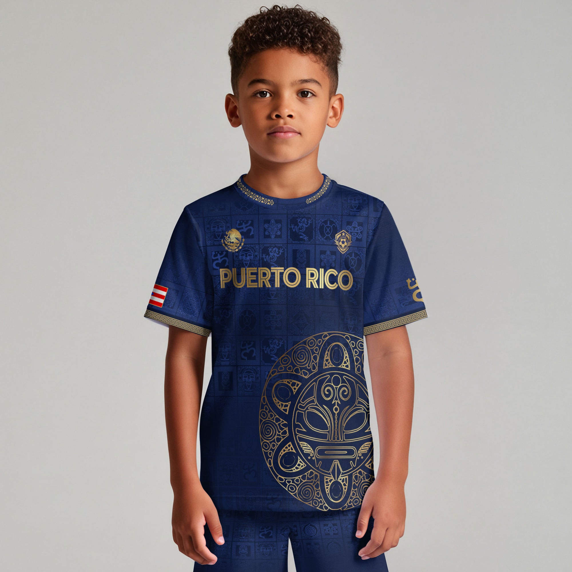 Puerto Rico Kids Youth Navy Gold Taino Symbols Grid National Heritage Soccer Jersey