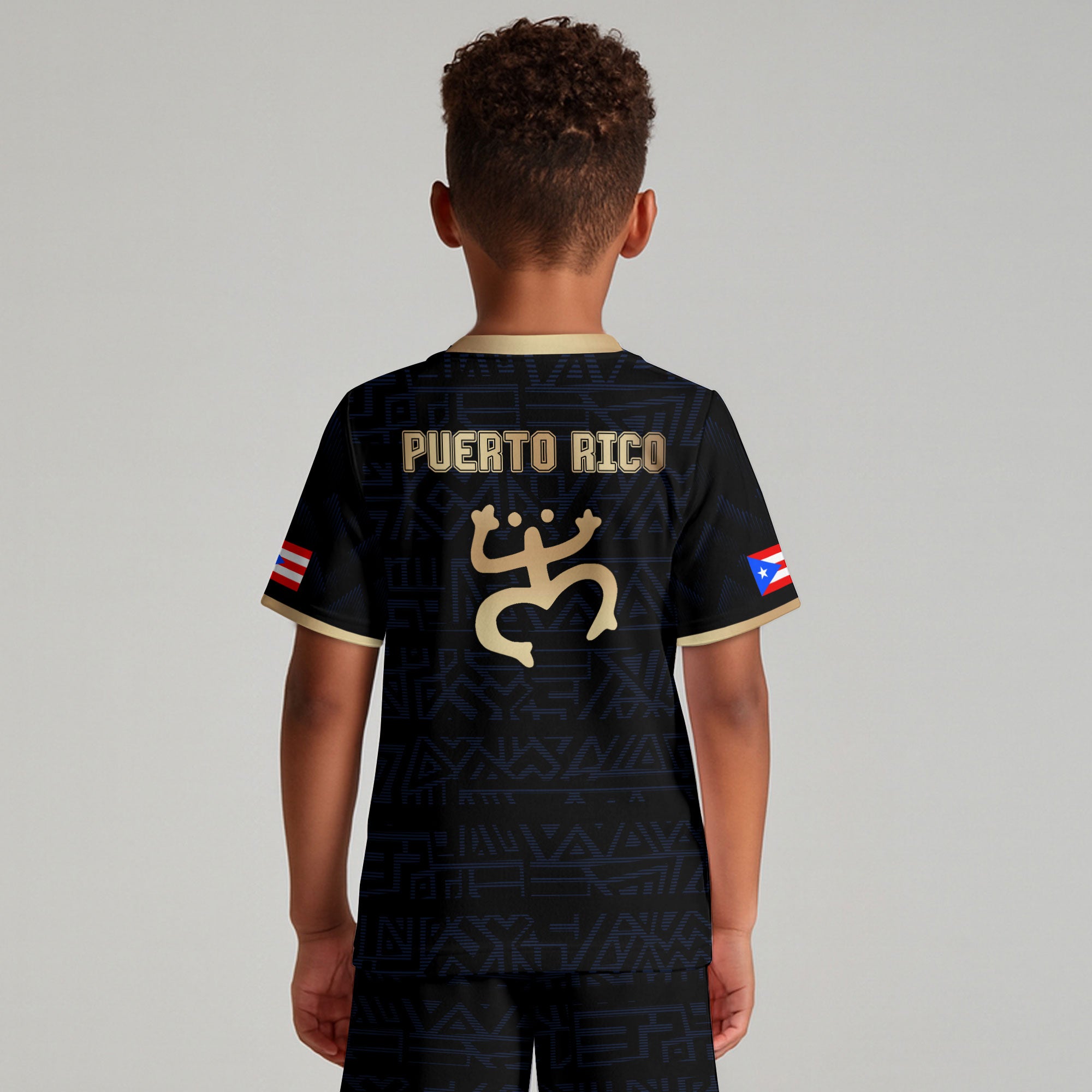 Puerto Rico Kids Youth Black Navy Gold Taino Sun God Tribal Heritage Soccer Jersey