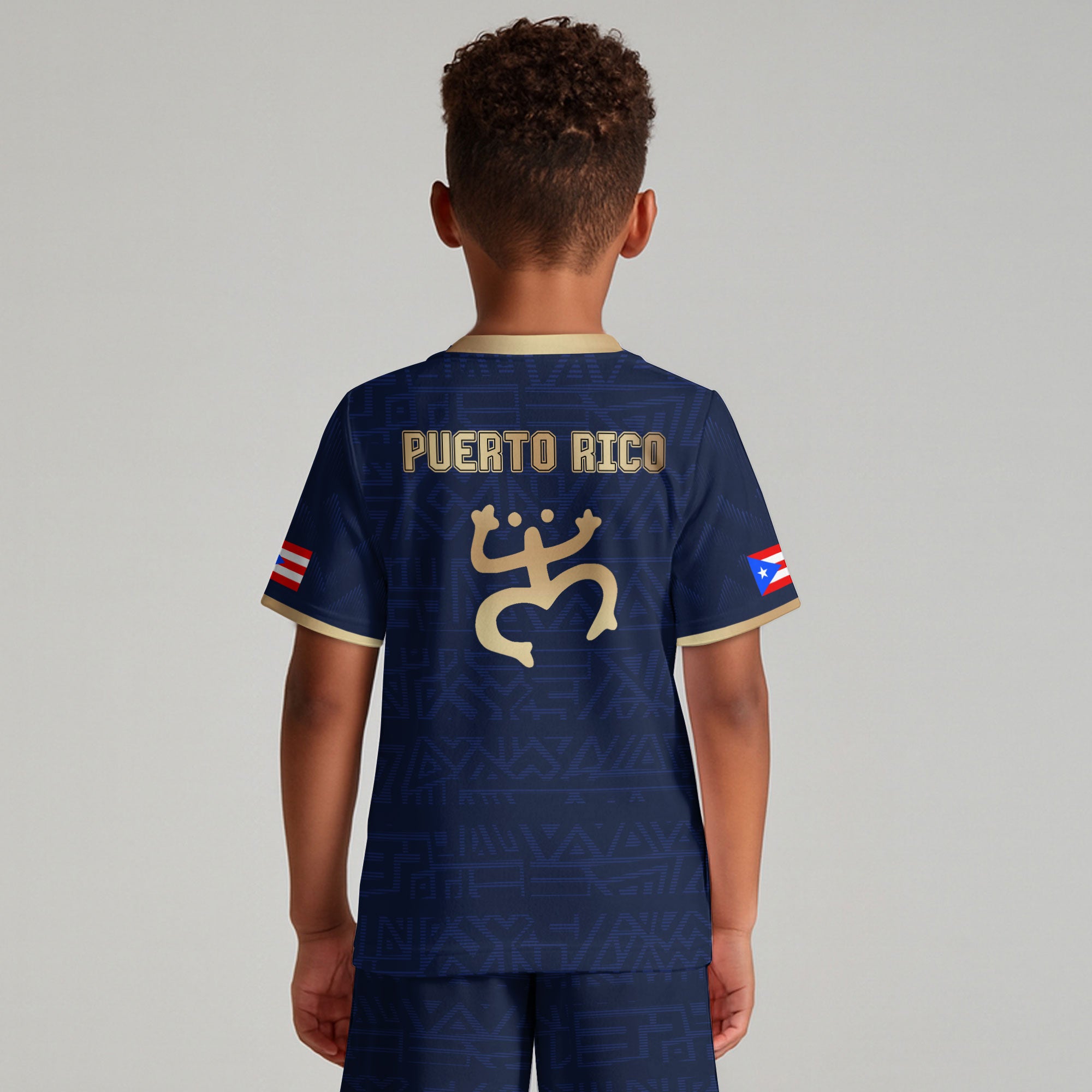 Camiseta de fútbol juvenil de Puerto Rico para niños, color dorado, azul marino, dios del sol taíno, herencia nacional boricua antigua