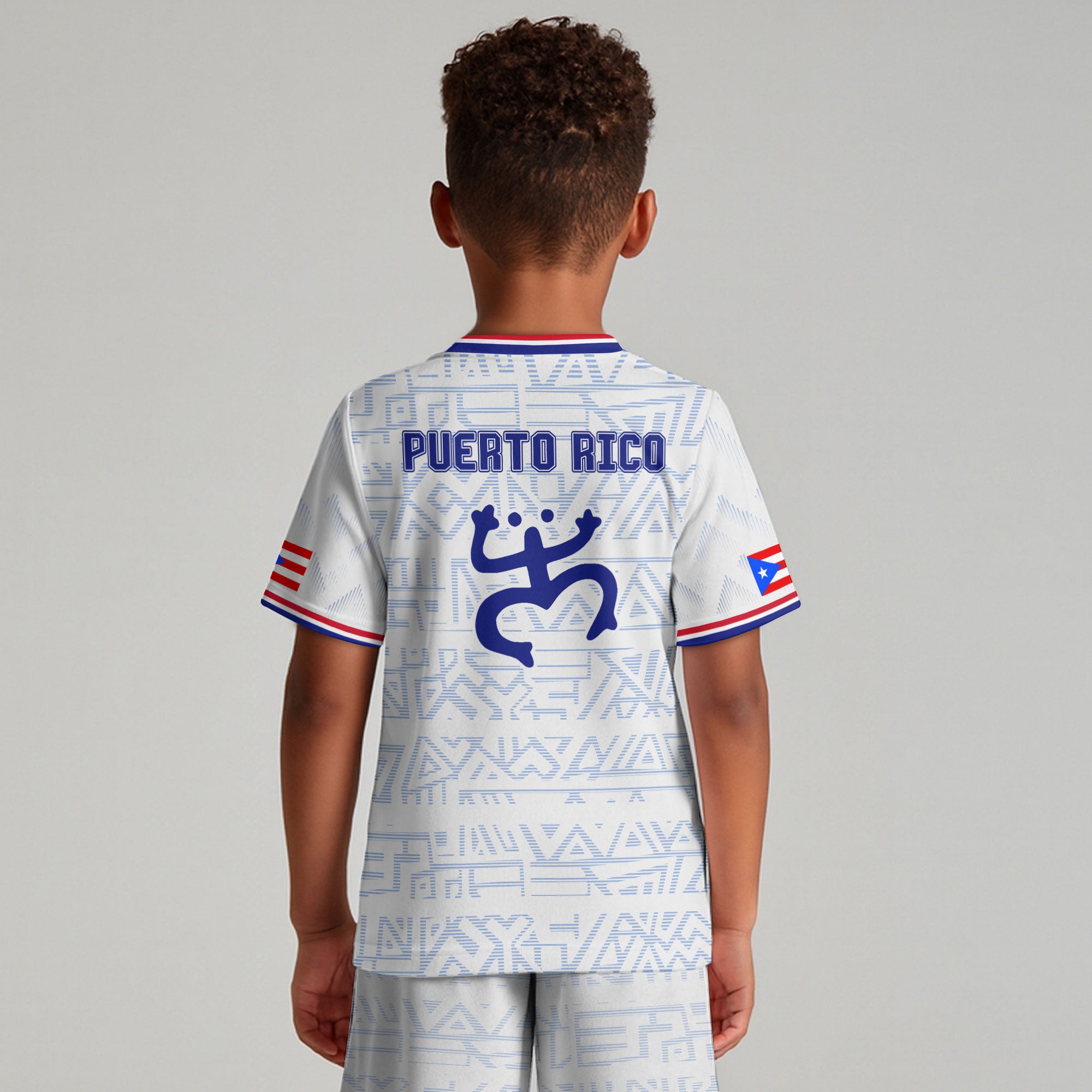 Camiseta de fútbol juvenil blanca y azul de la tribu boricua del sol taíno de Puerto Rico para niños