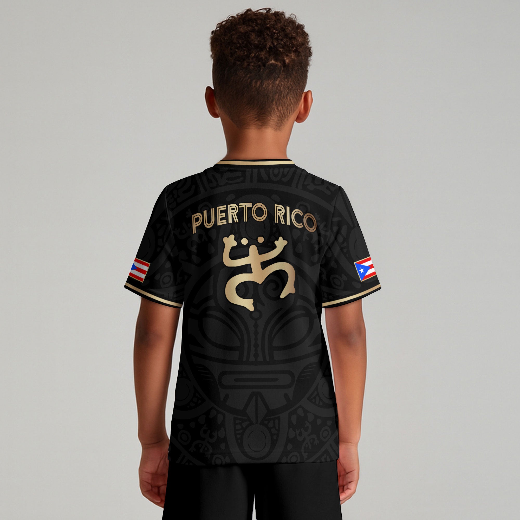 Puerto Rico Kids Youth Black Gold Boricua Taino Mask Coqui Frog Tribal Soccer Jersey