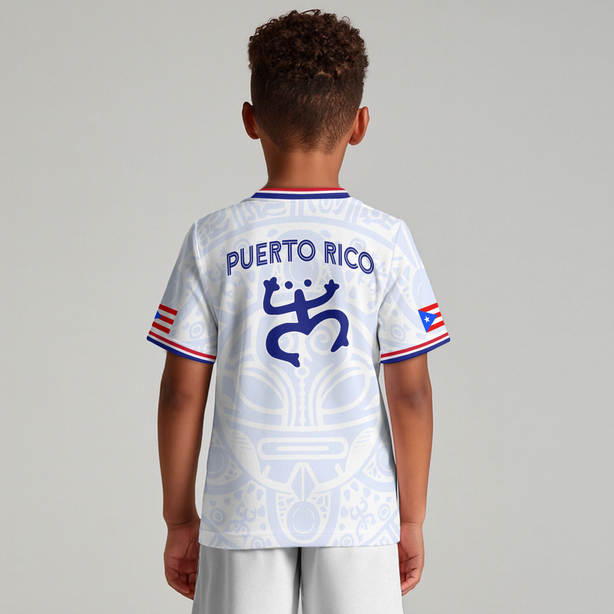 Puerto Rico Kids Youth White Blue Boricua Taino Mask Coqui Frog Tribal Soccer Jersey