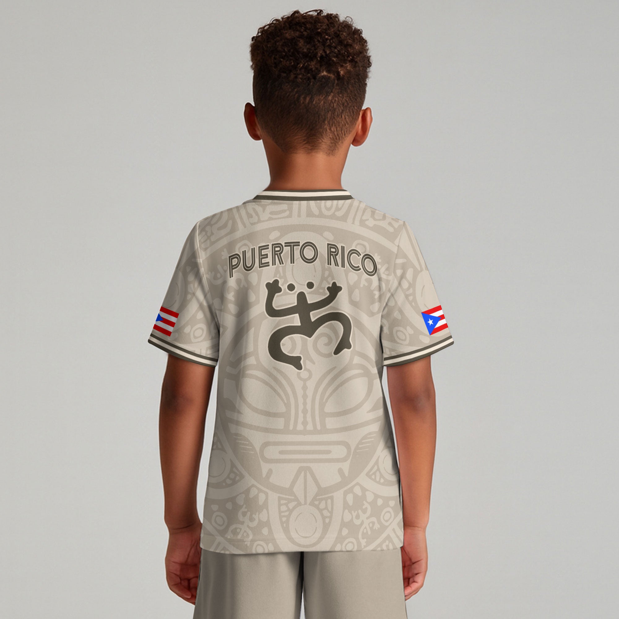 Puerto Rico Kids Youth Beige Gold Boricua Taino Mask Coqui Frog Tribal Soccer Jersey