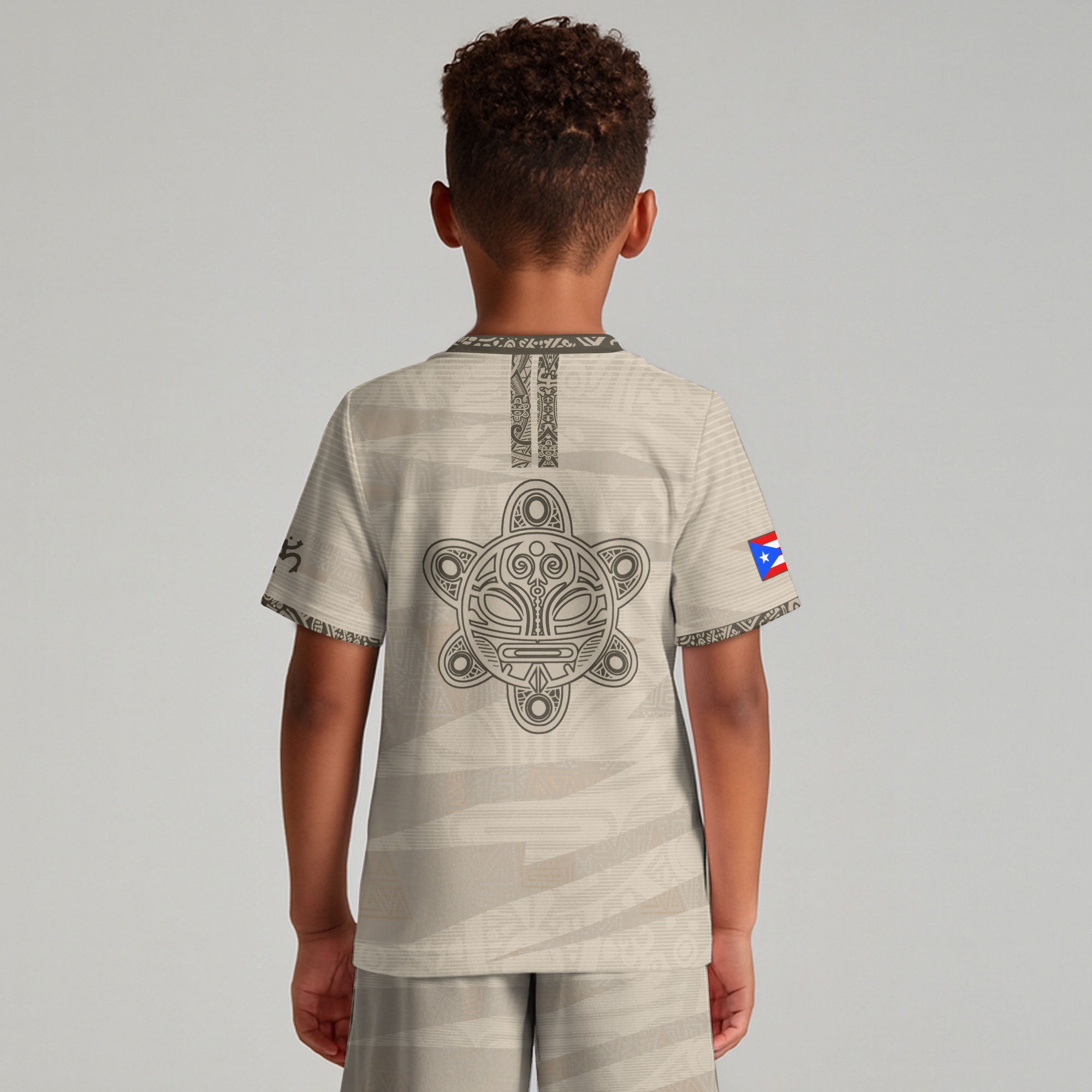 Puerto Rico Kids Youth Beige Gold Taino Tribal Pattern National Heritage Boricua Soccer Jersey