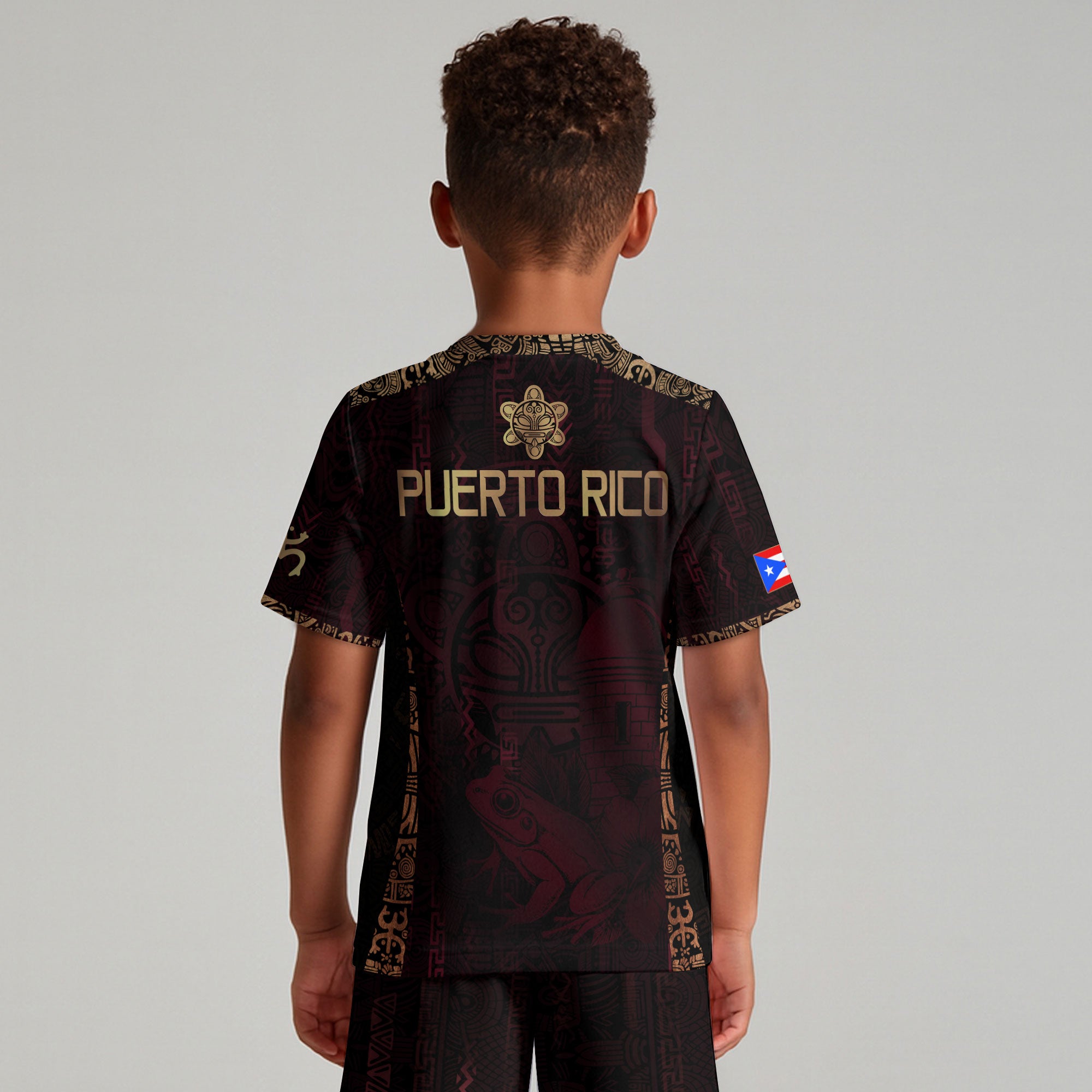 Puerto Rico Kids Youth Maroon Gold Taino Sun Boricua Coqui Frog Heritage Art Soccer Jersey