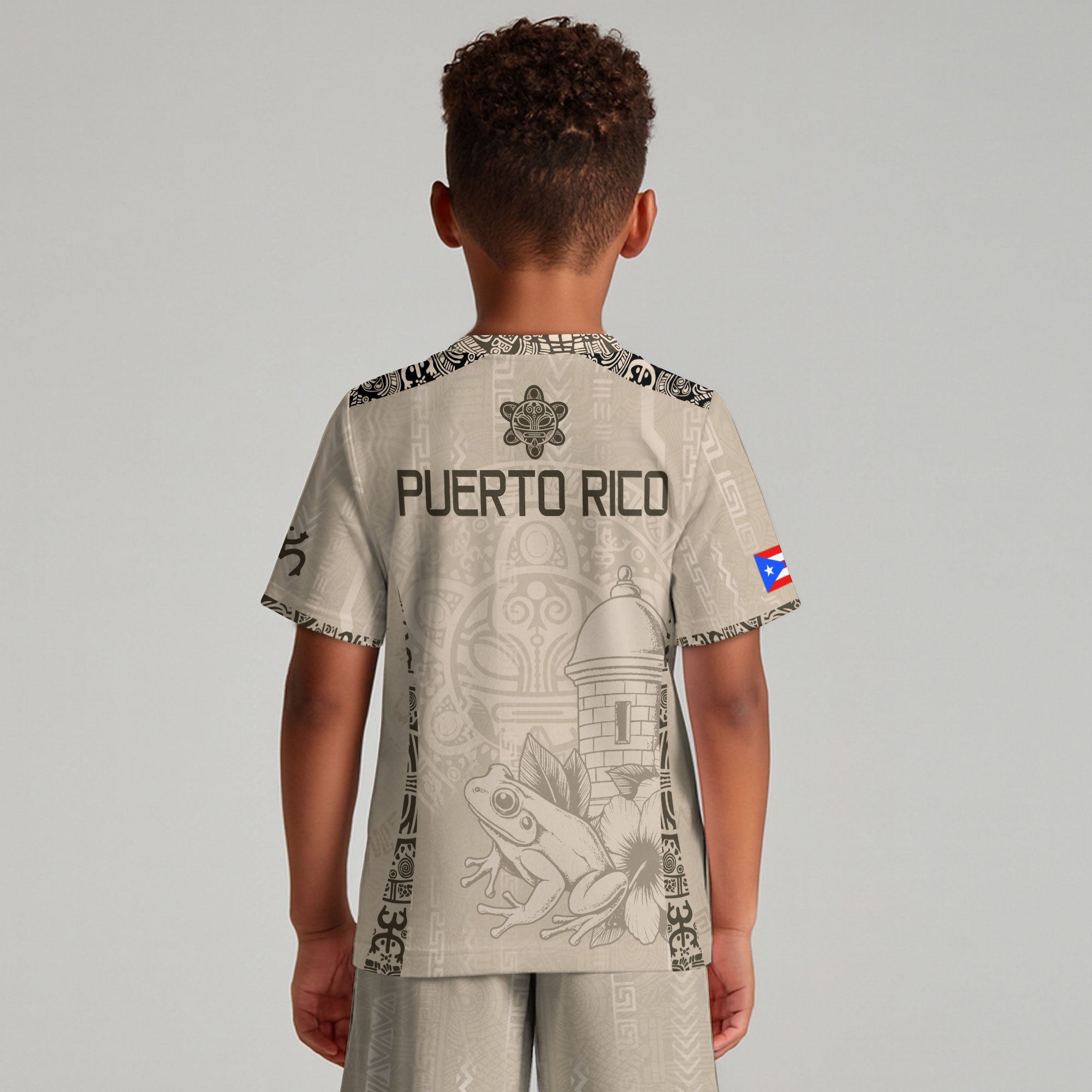 Puerto Rico Kids Youth Beige Gold Coqui Frog Floral Garita Taino Sun Heritage Soccer Jersey