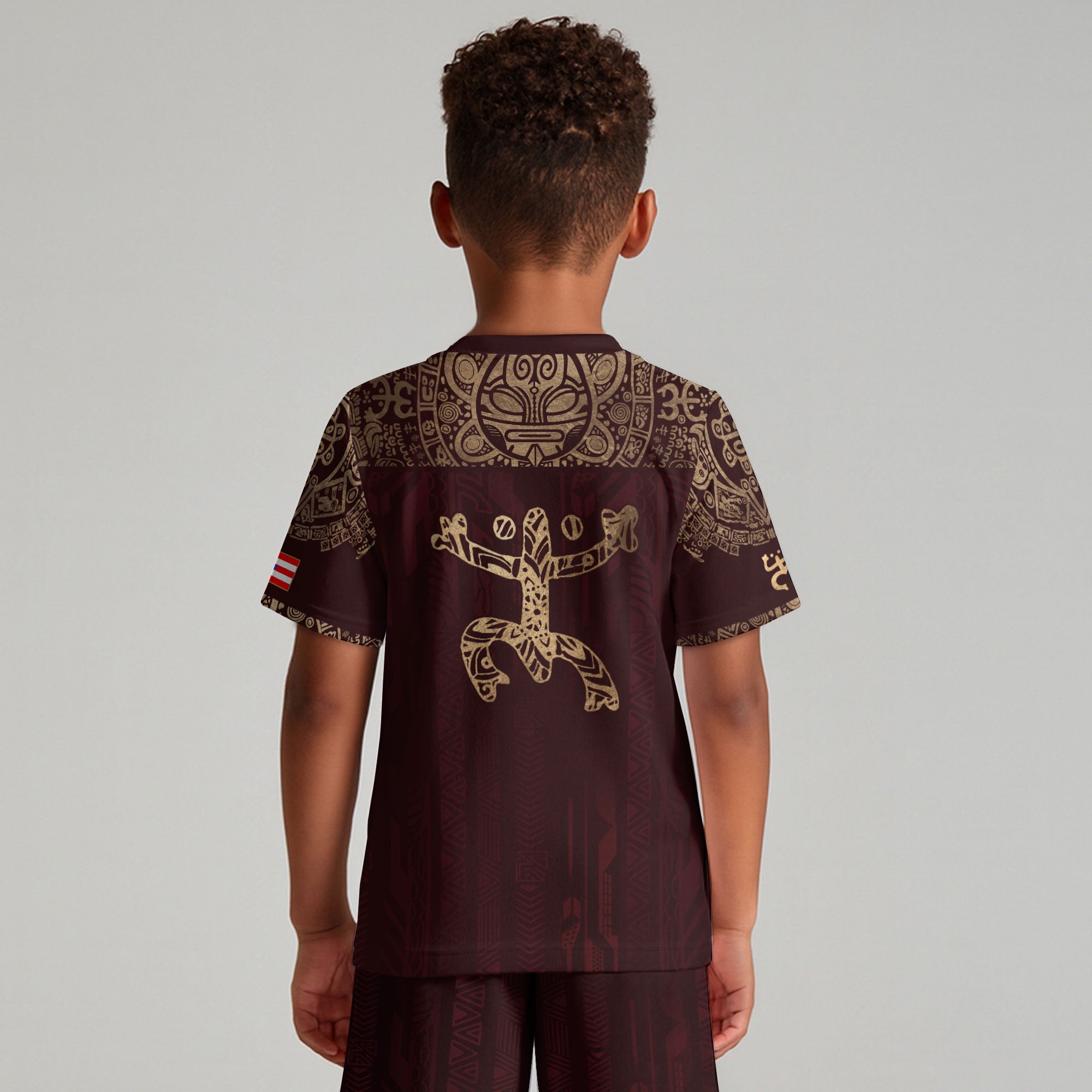 Puerto Rico Kids Youth Maroon Gold Coqui Frog Garita Floral Taino Sun Heritage Soccer Jersey