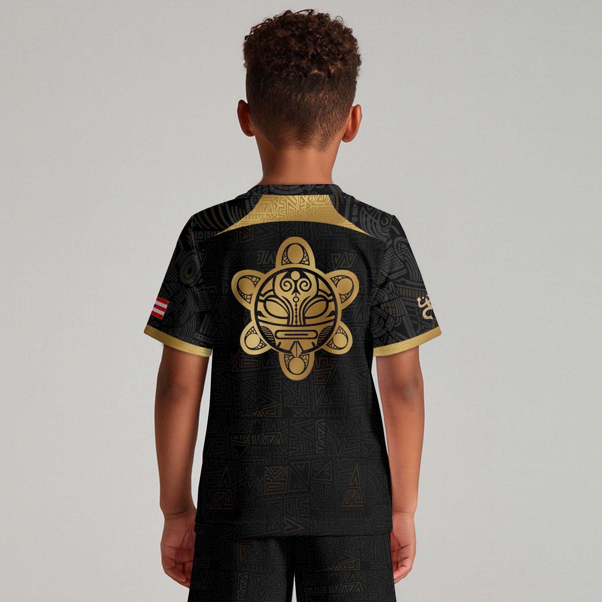 Puerto Rico Kids Youth Black Gold Tribal Graphic Taino Sun National Heritage Soccer Jersey