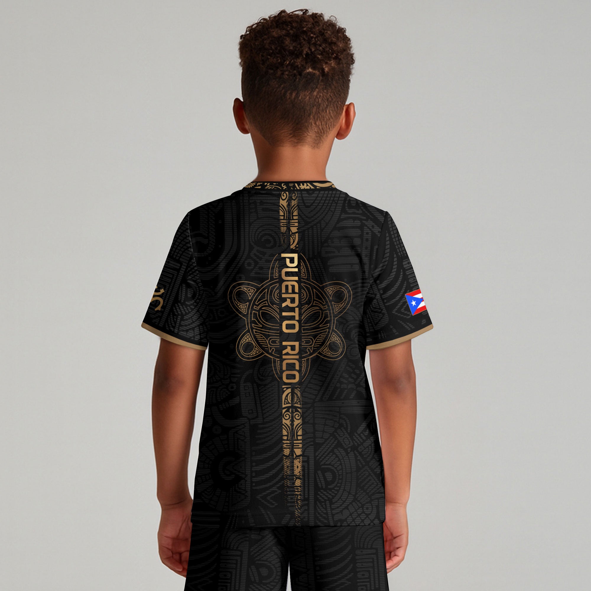 Camiseta de fútbol juvenil negra dorada del Sol Taino de Puerto Rico para niños y jóvenes, herencia nacional, orgullo boricua