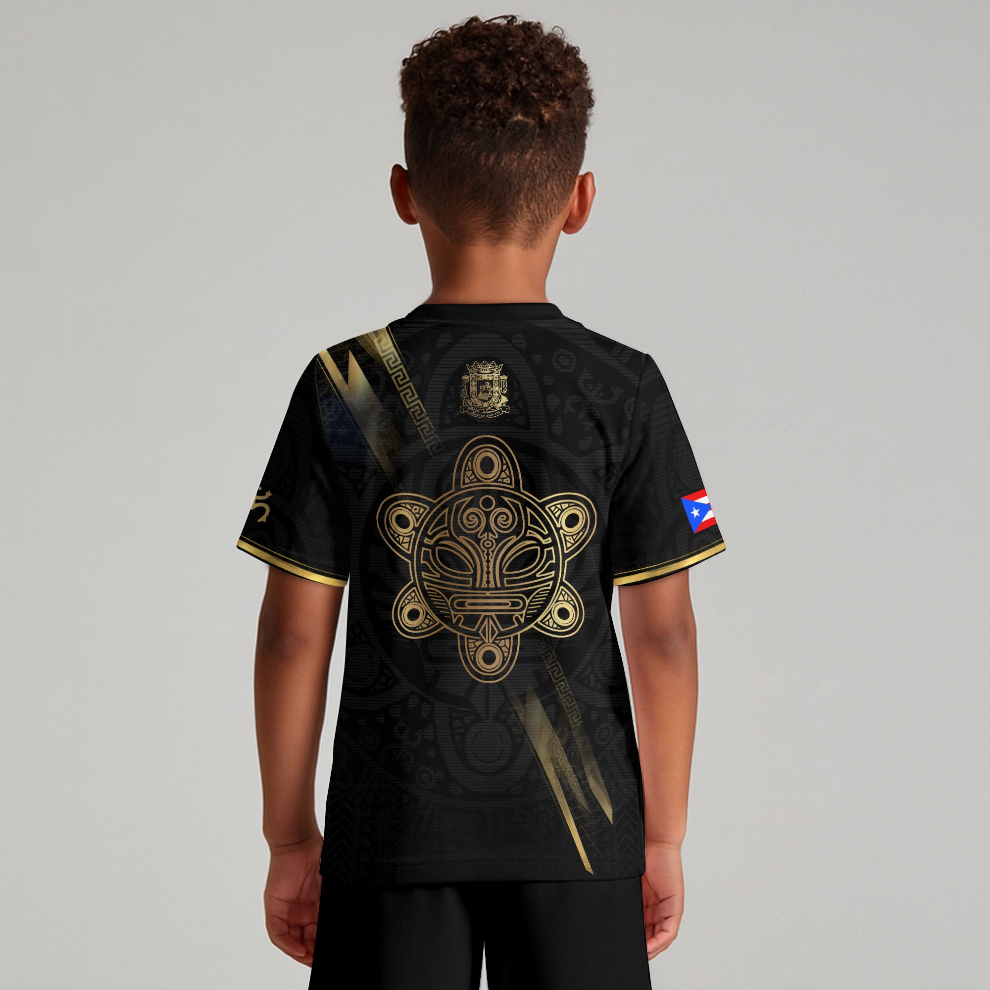 Puerto Rico Kids Youth Black Gold Lightning Graphic Taino Sun National Heritage Soccer Jersey