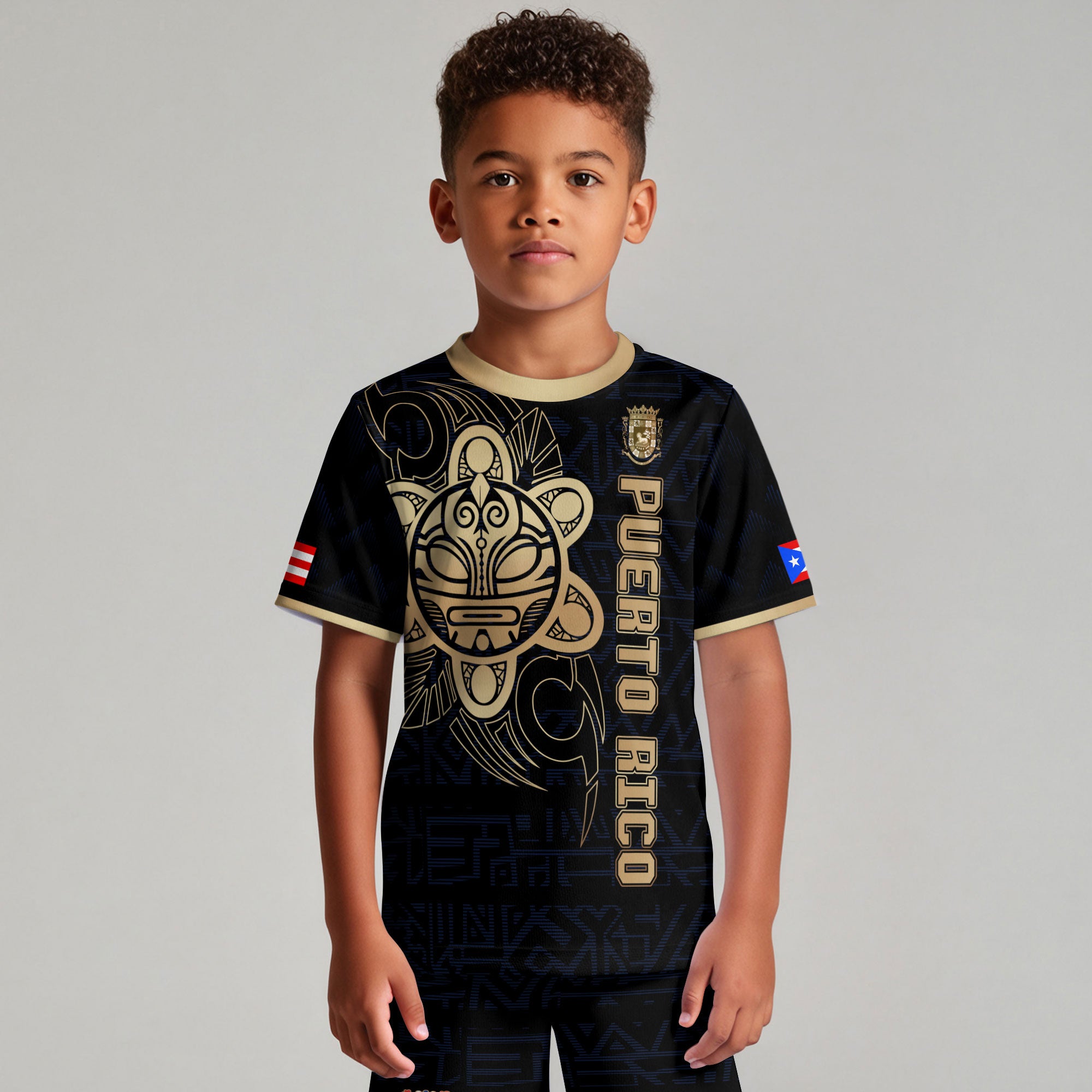 Puerto Rico Kids Youth Black Navy Gold Taino Sun God Tribal Heritage Soccer Jersey