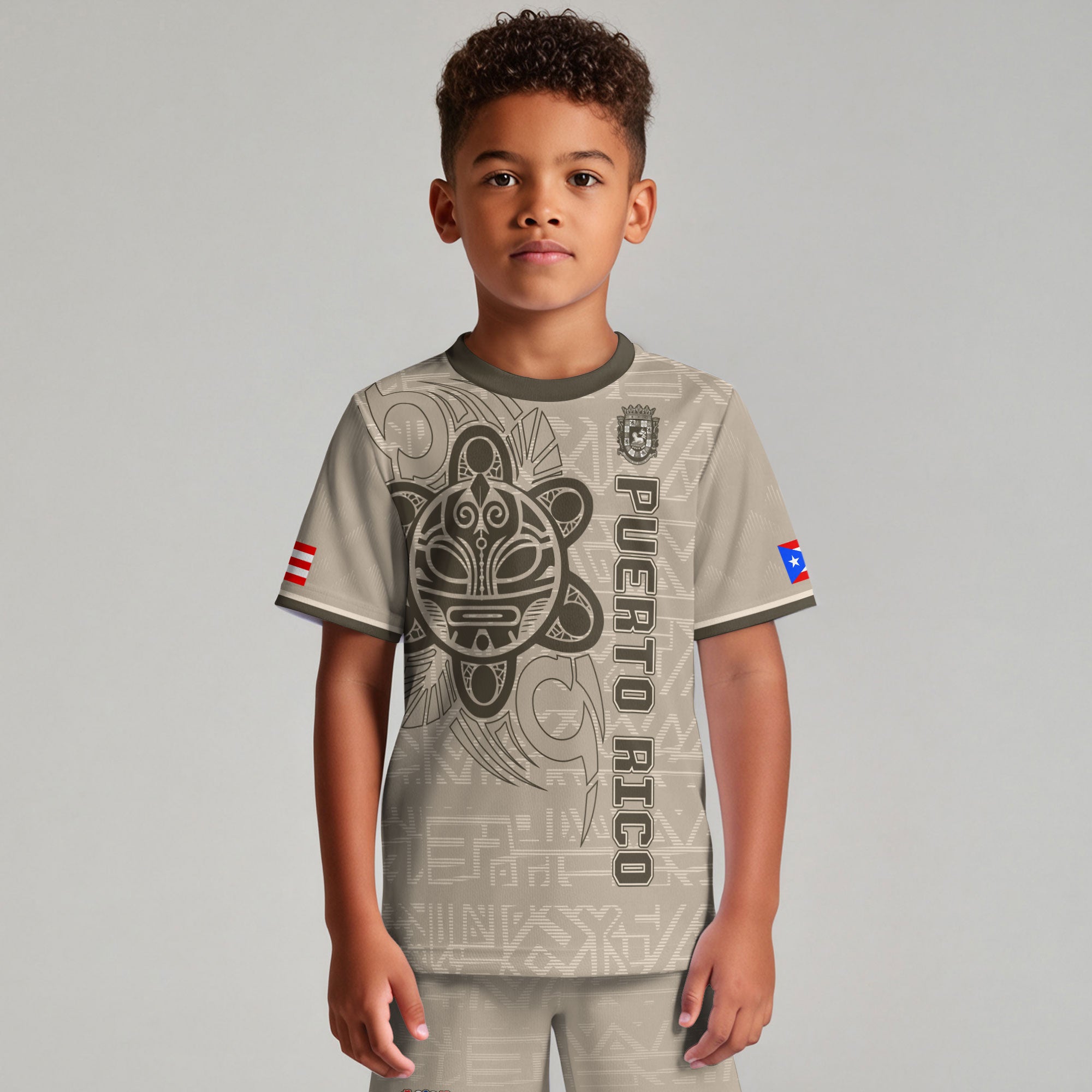 Puerto Rico Kids Youth Beige Gold Taino Sun God Tribal Symbol Boricua Heritage Soccer Jersey
