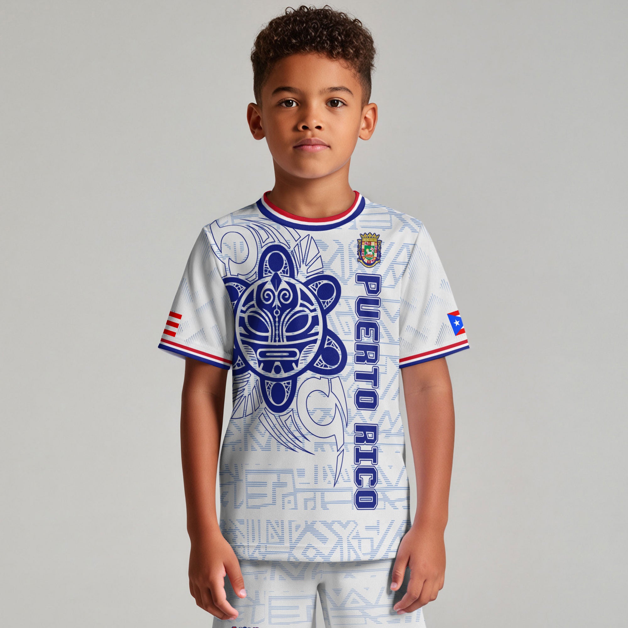 Camiseta de fútbol juvenil blanca y azul de la tribu boricua del sol taíno de Puerto Rico para niños