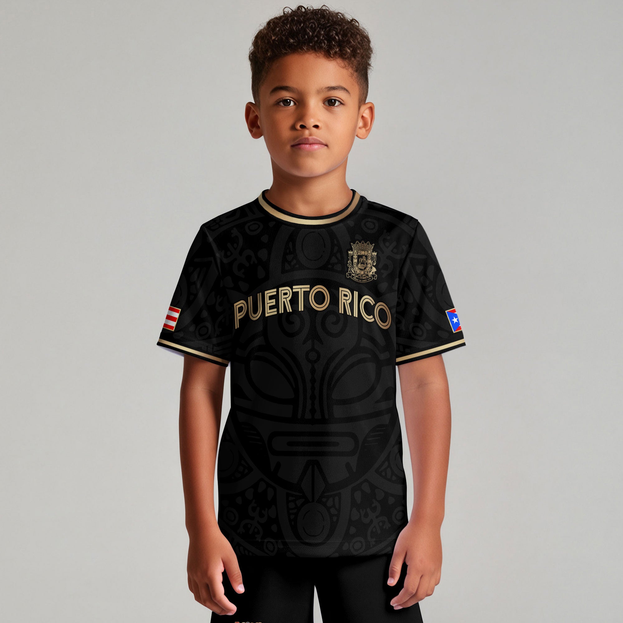 Puerto Rico Kids Youth Black Gold Boricua Taino Mask Coqui Frog Tribal Soccer Jersey