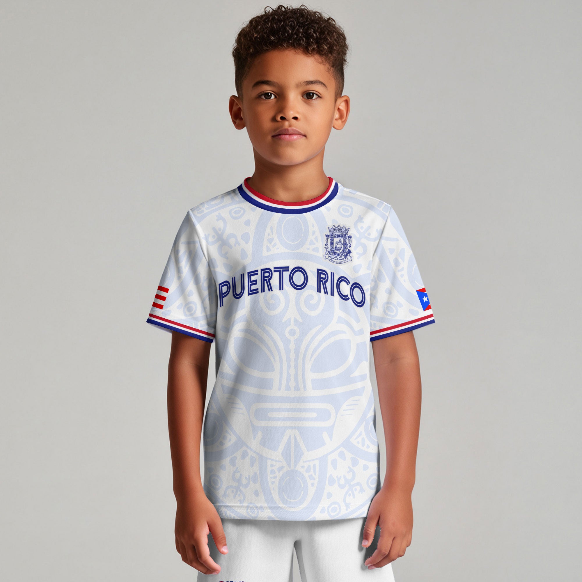 Puerto Rico Kids Youth White Blue Boricua Taino Mask Coqui Frog Tribal Soccer Jersey