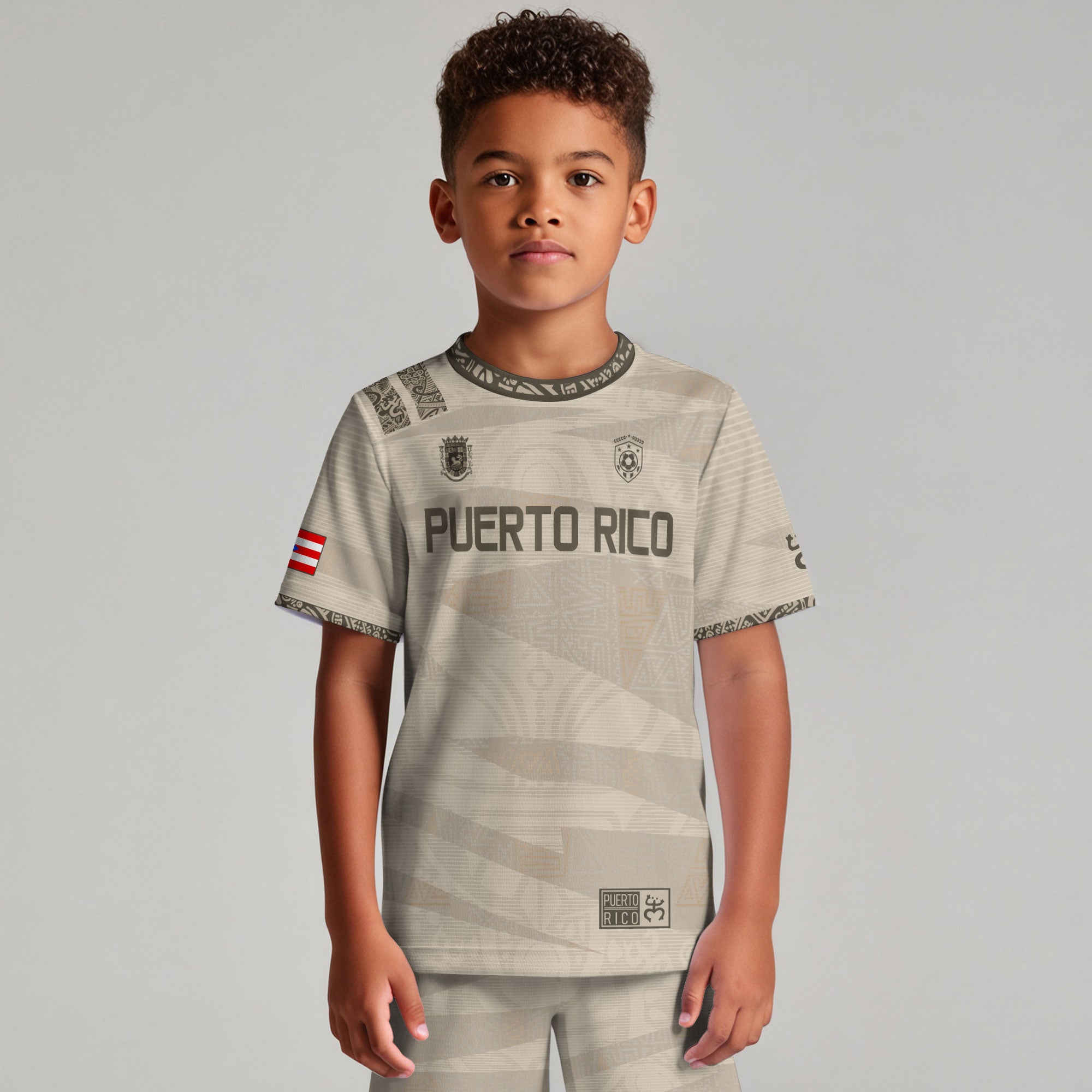 Puerto Rico Kids Youth Beige Gold Taino Tribal Pattern National Heritage Boricua Soccer Jersey