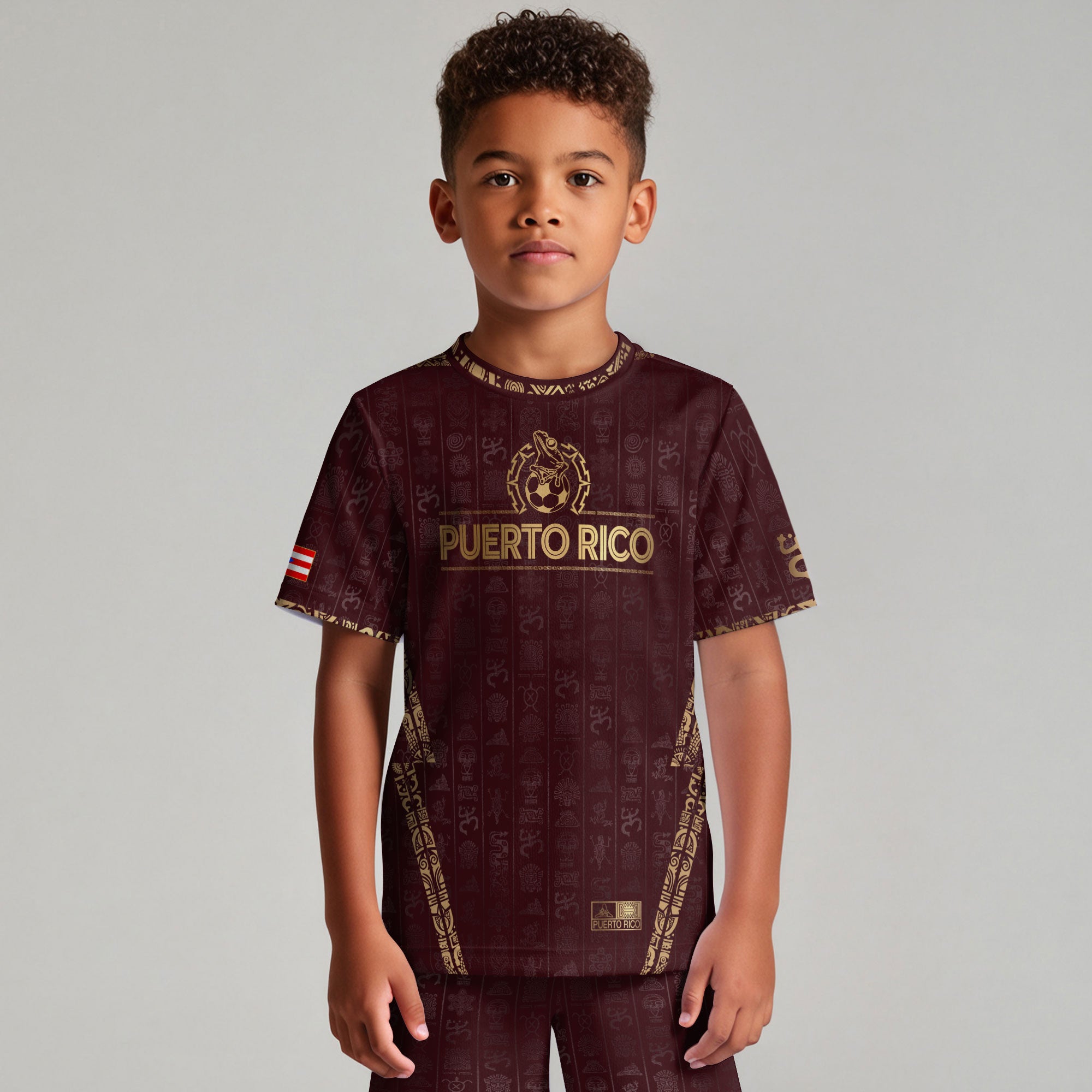 Puerto Rico Kids Youth Maroon Gold Taino Sun National Heritage Boricua Art Soccer Jersey
