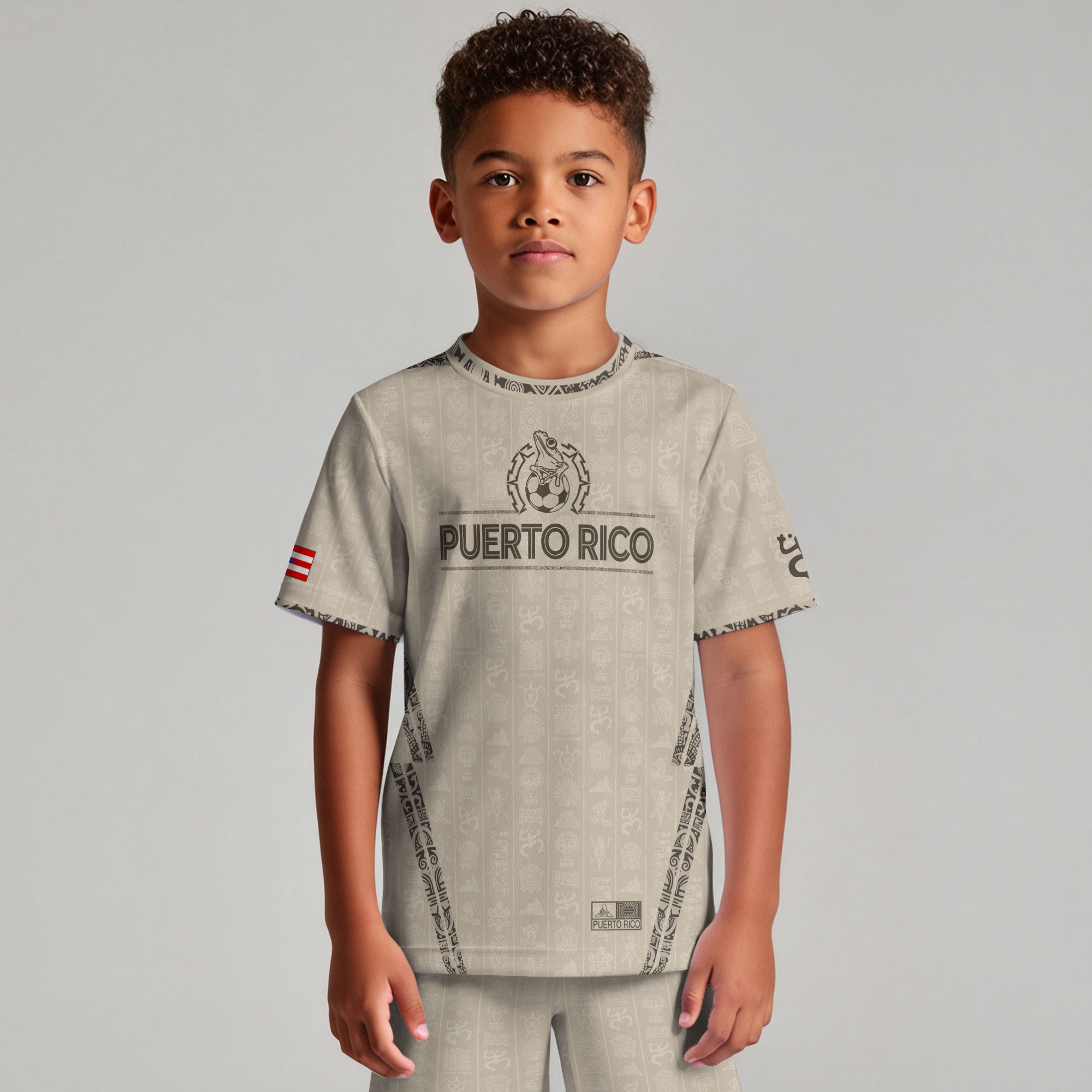 Puerto Rico Kids Youth Beige Gold Taino Sun National Heritage Boricua Art Soccer Jersey