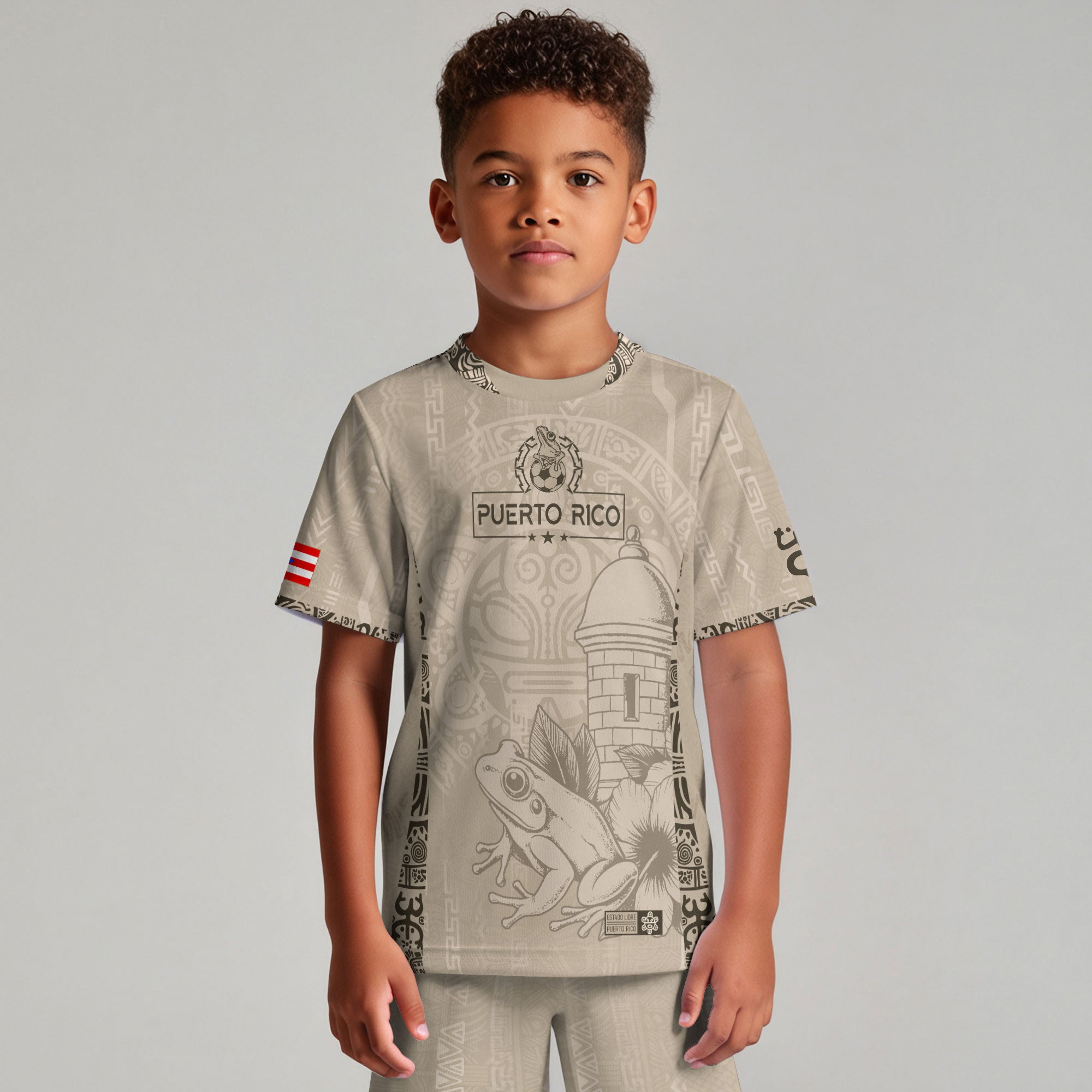 Puerto Rico Kids Youth Beige Gold Coqui Frog Floral Garita Taino Sun Heritage Soccer Jersey
