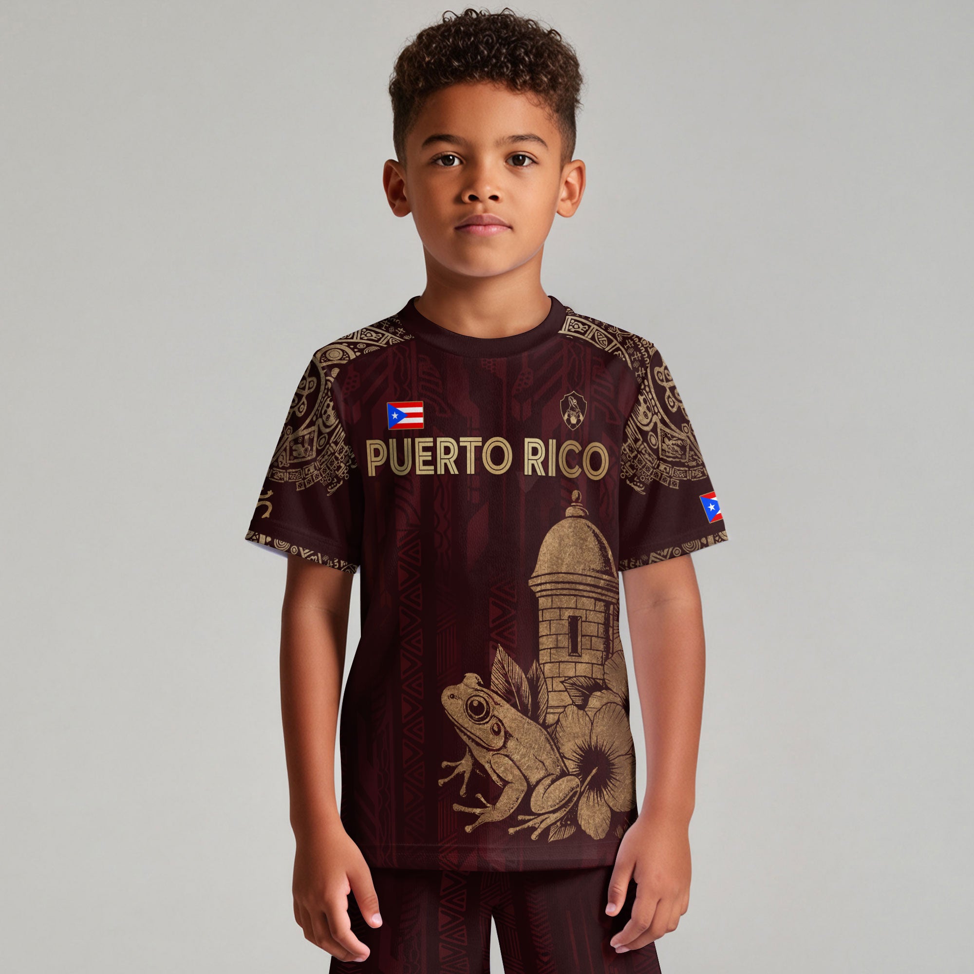 Puerto Rico Kids Youth Maroon Gold Coqui Frog Garita Floral Taino Sun Heritage Soccer Jersey