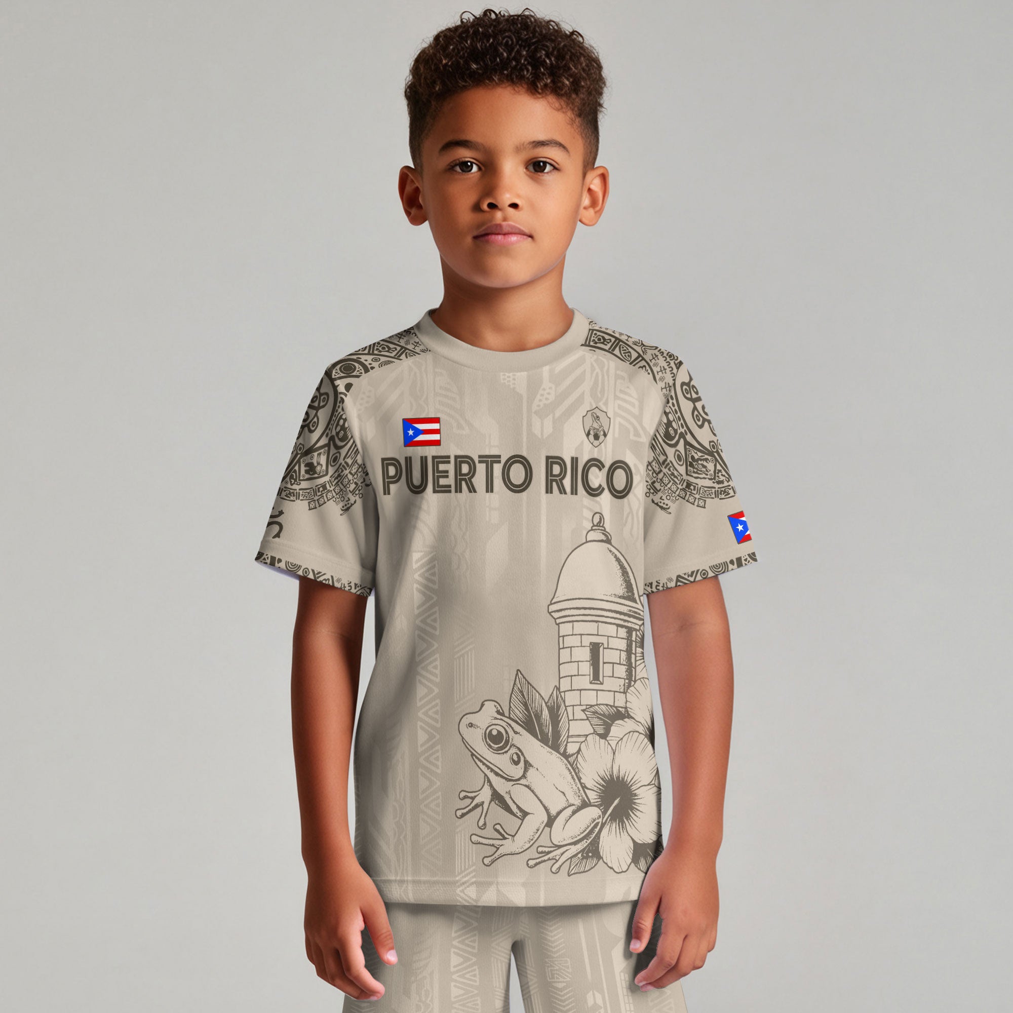 Puerto Rico Kids Youth Beige Gold Coqui Frog Garita Floral Taino Sun Heritage Soccer Jersey
