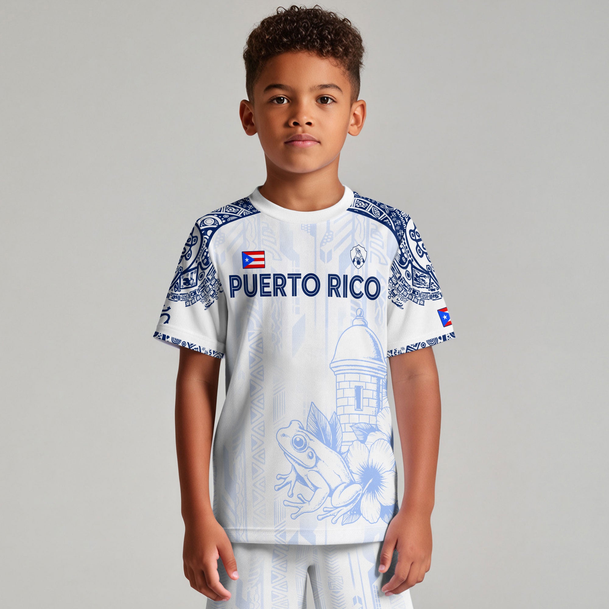 Puerto Rico Niños Jóvenes Blanco Azul Coqui Rana Garita Floral Taino Sun Island Heritage Soccer Jersey