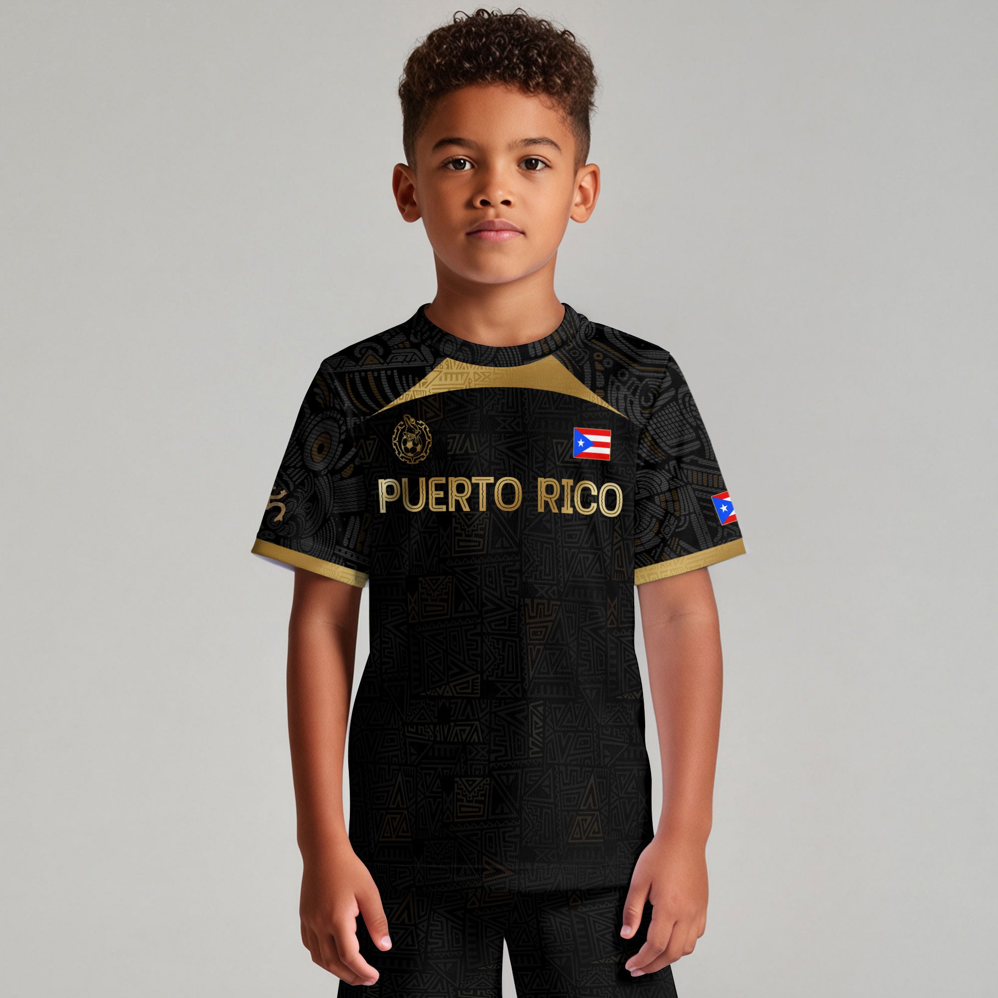 Puerto Rico Kids Youth Black Gold Tribal Graphic Taino Sun National Heritage Soccer Jersey