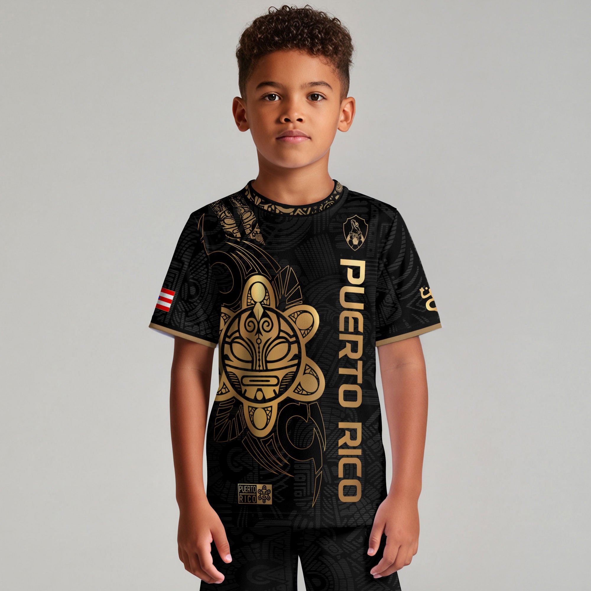 Camiseta de fútbol juvenil negra dorada del Sol Taino de Puerto Rico para niños y jóvenes, herencia nacional, orgullo boricua