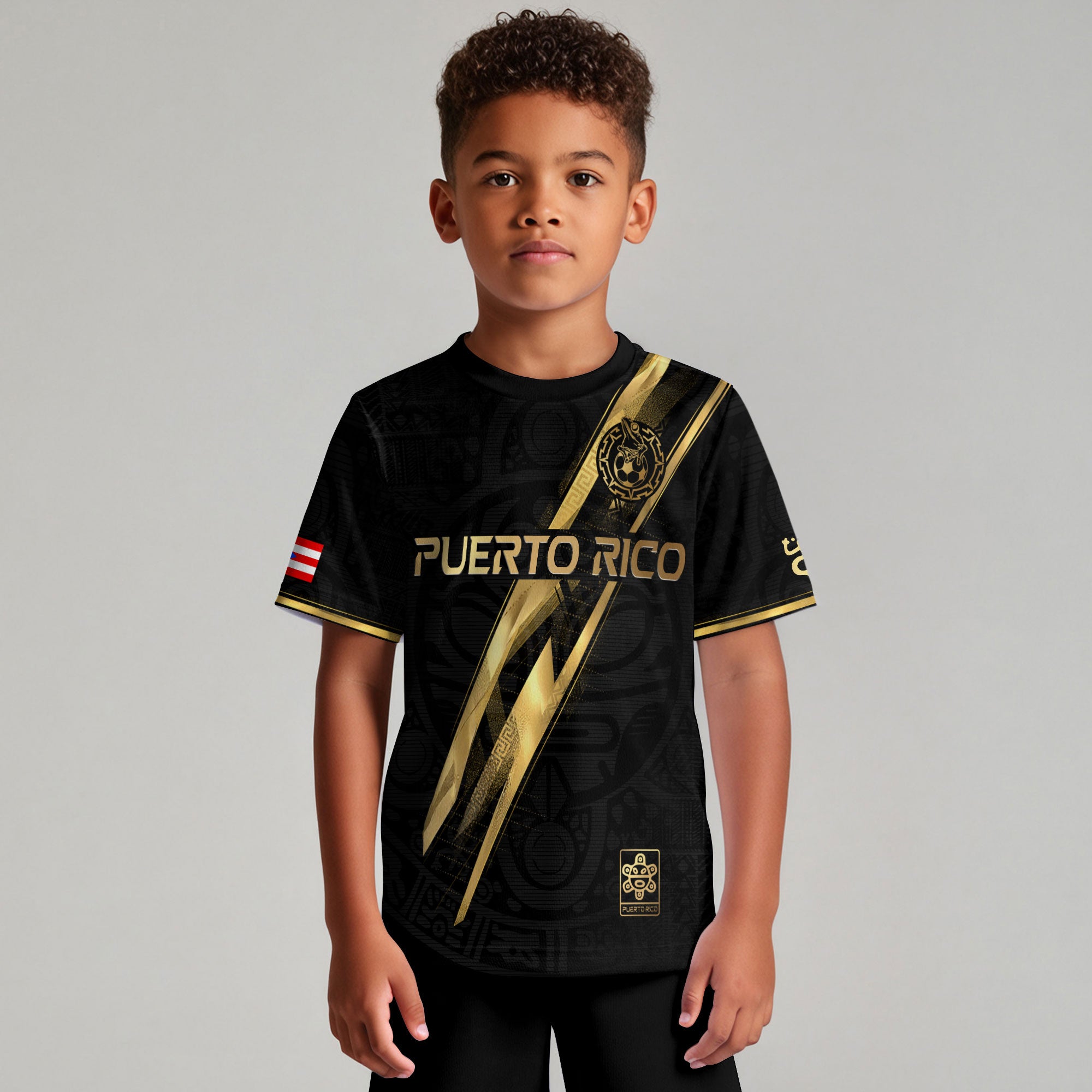 Puerto Rico Kids Youth Black Gold Lightning Graphic Taino Sun National Heritage Soccer Jersey