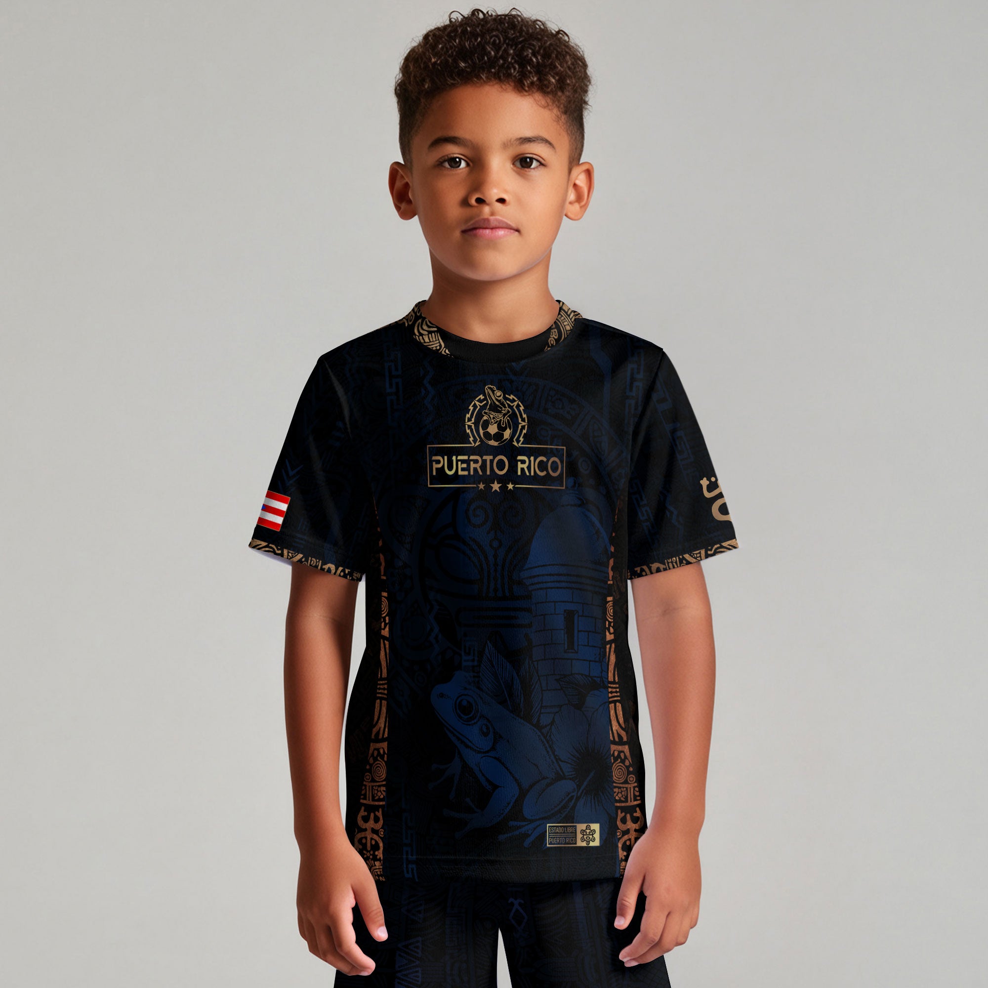 Puerto Rico Kids Youth Navy Gold Taino Sun National Heritage Floral Boricua Pride Soccer Jersey