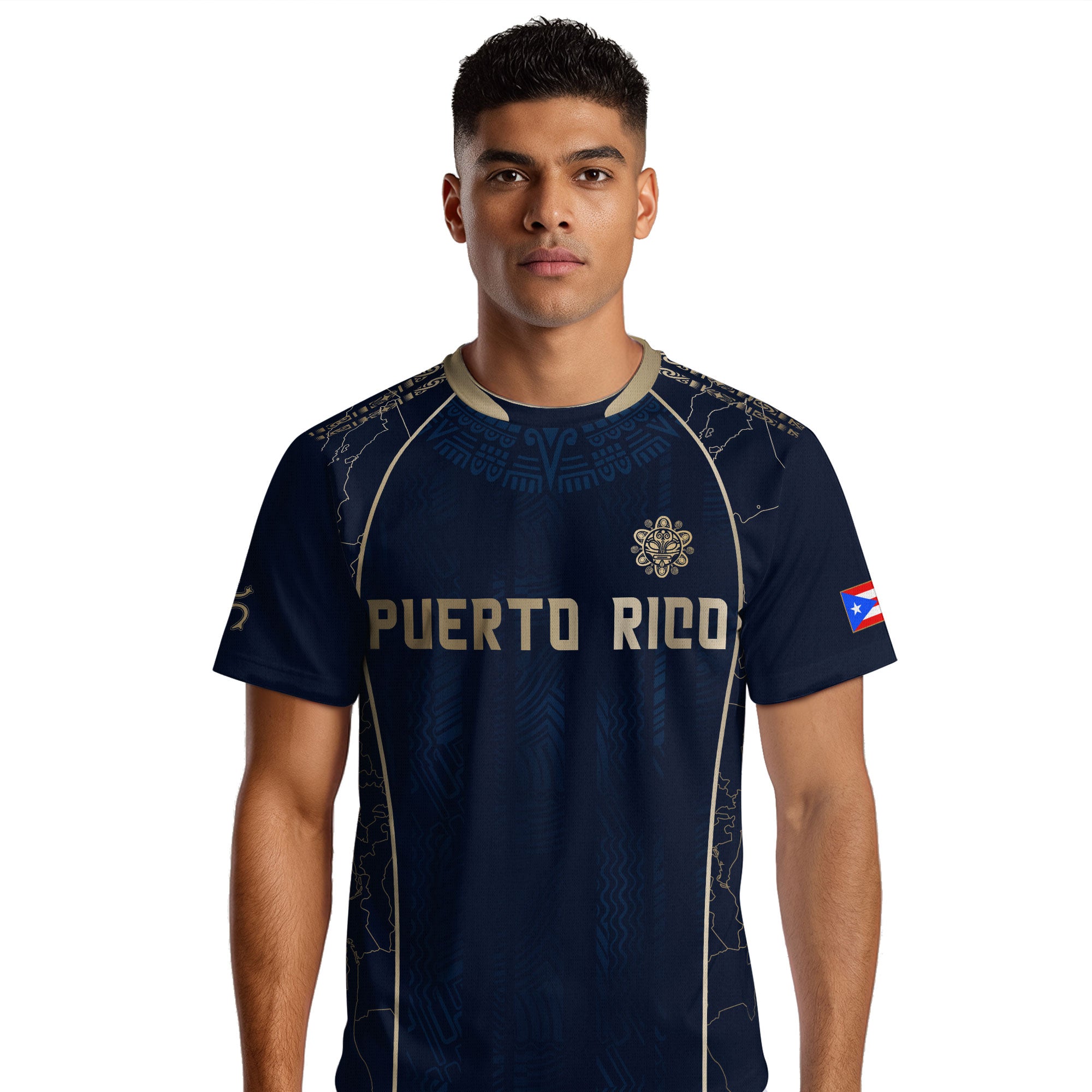 Puerto Rico Navy Gold Outline Map Taino Sun National Heritage Boricua Soccer Jersey