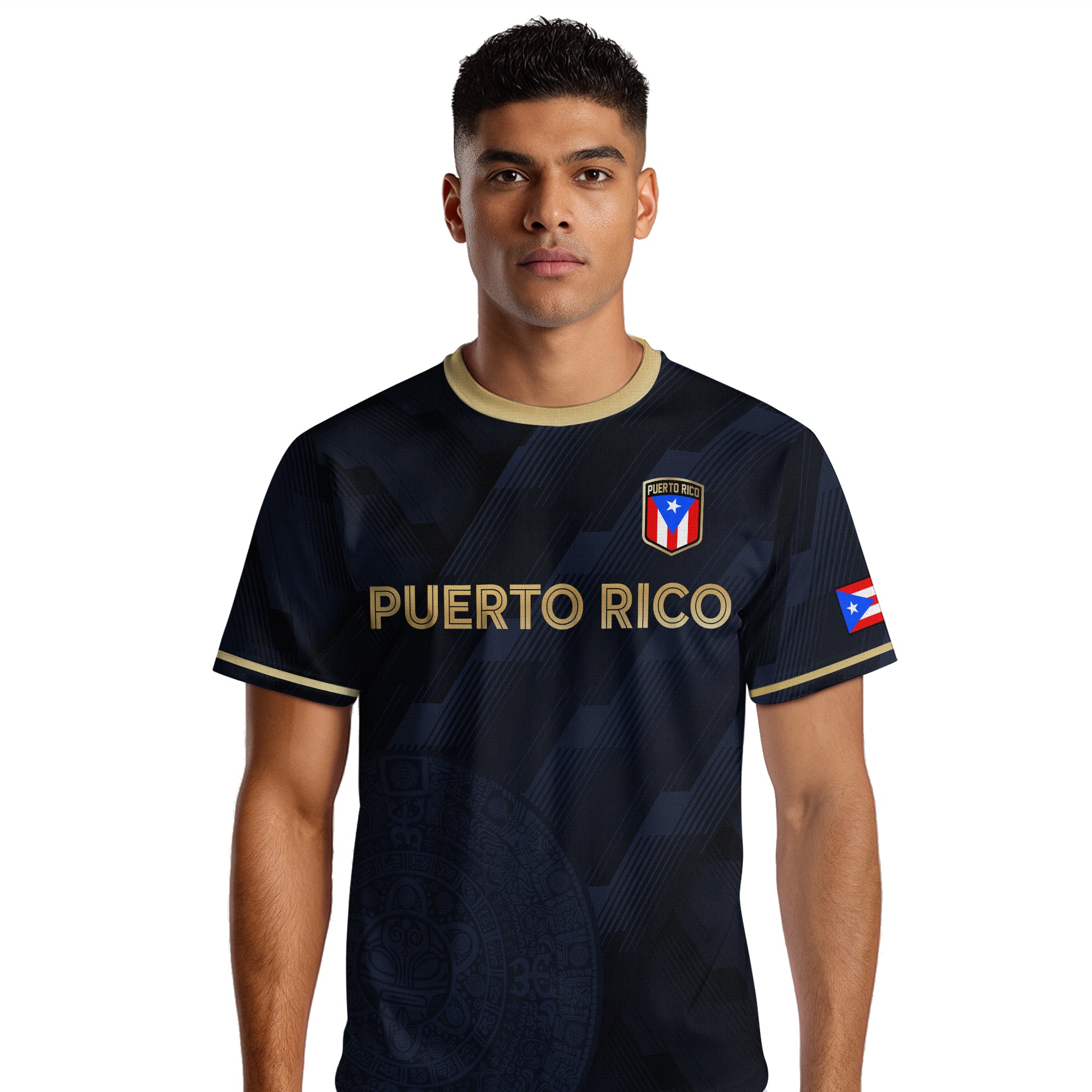 Camiseta de fútbol del orgullo nacional boricua del sol taíno dorado de la marina de Puerto Rico