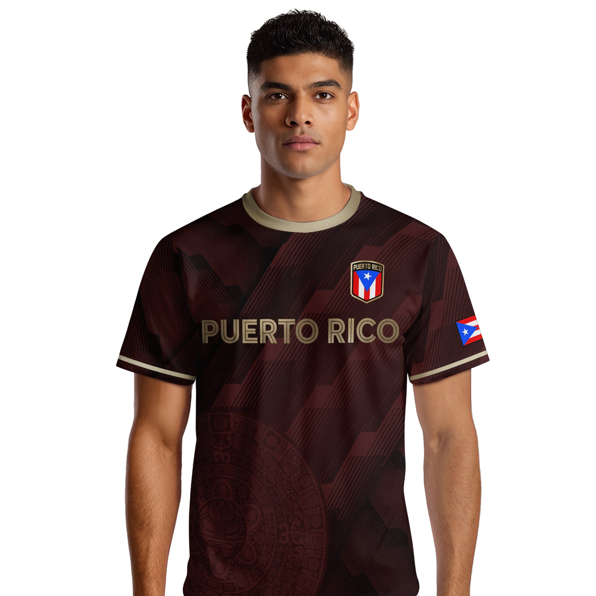 Camiseta de fútbol boricua del Patrimonio Nacional del Arte Taíno con Símbolo Dorado Granate de Puerto Rico