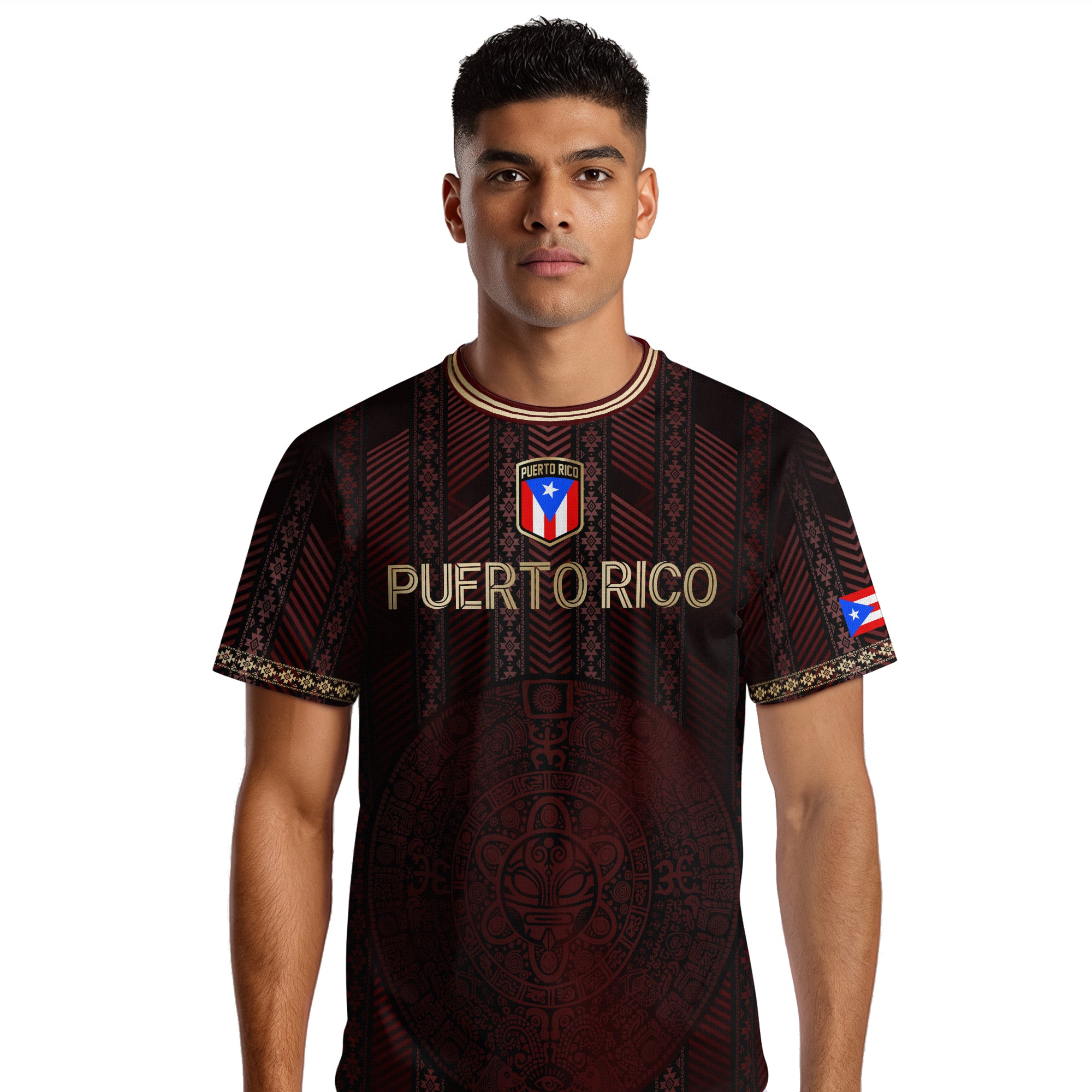 Puerto Rico Flag Maroon Gold Tribal Print National Heritage Sport Soccer Jersey