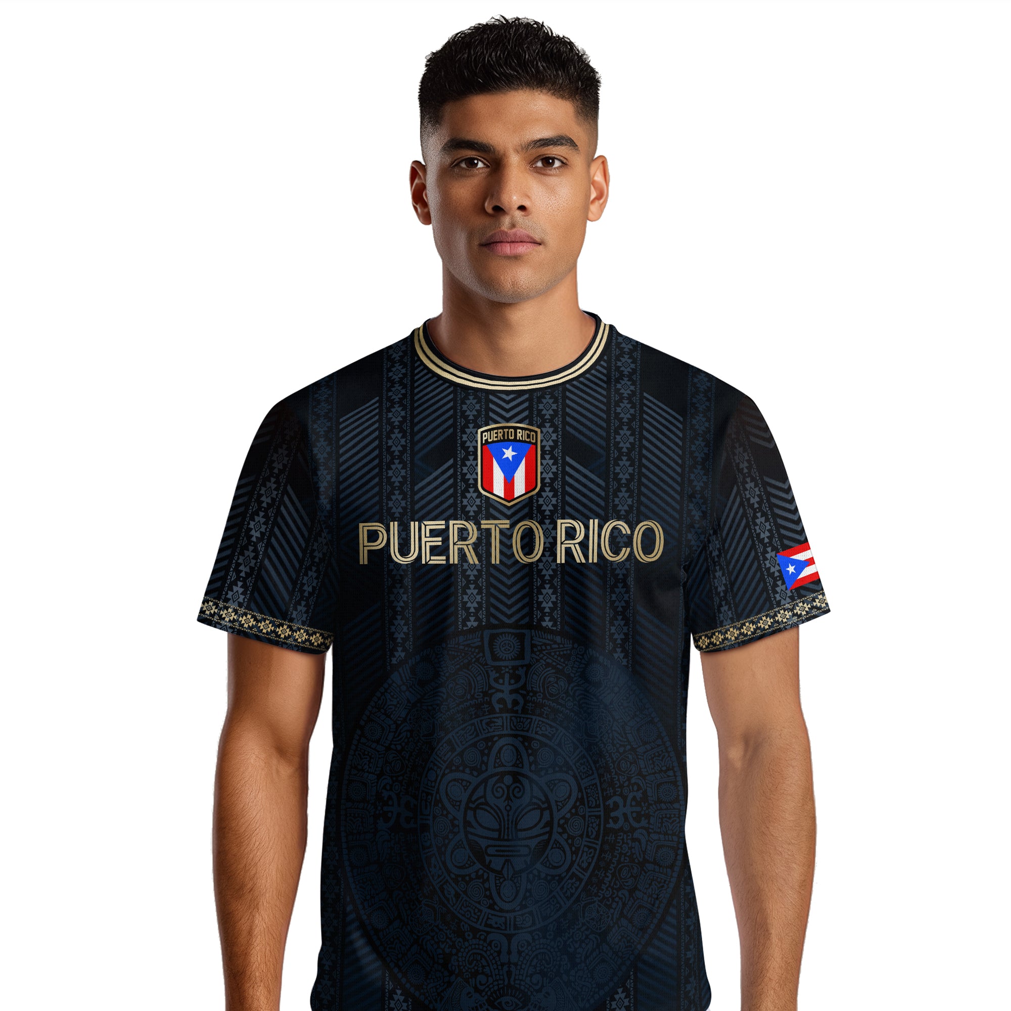 Camiseta de fútbol boricua de la herencia nacional tribal del sol taíno dorado de la marina de Puerto Rico