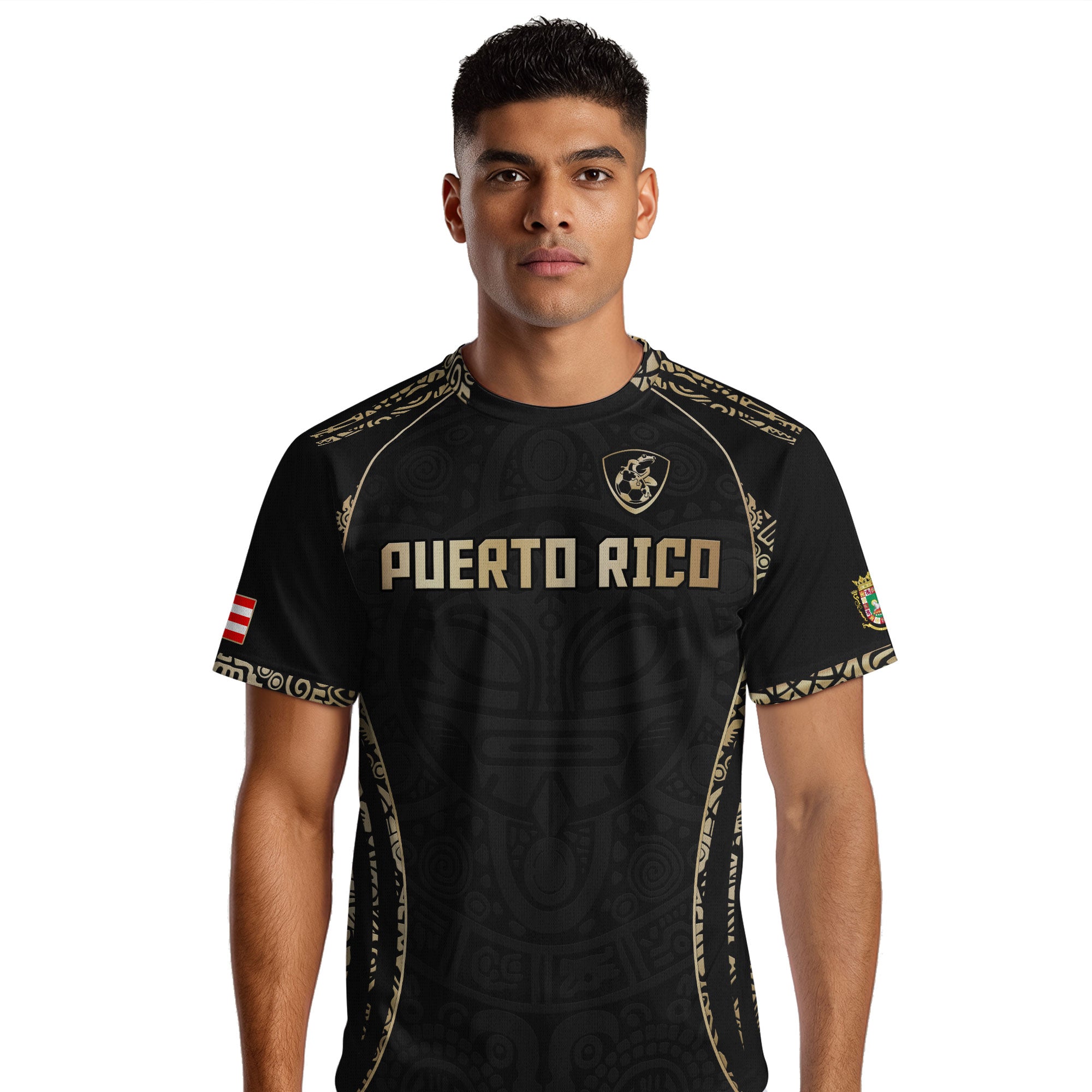 Camiseta de fútbol Puerto Rico Black Gold Boricua Taino Sun Mask Tribal National Pride Heritage