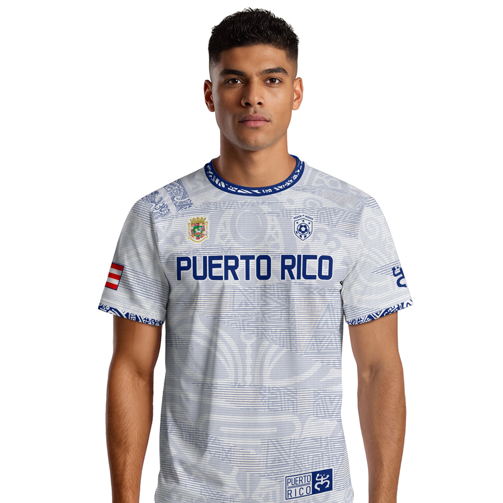 Puerto Rico White Blue Taino Tribal Pattern National Heritage Boricua Soccer Jersey