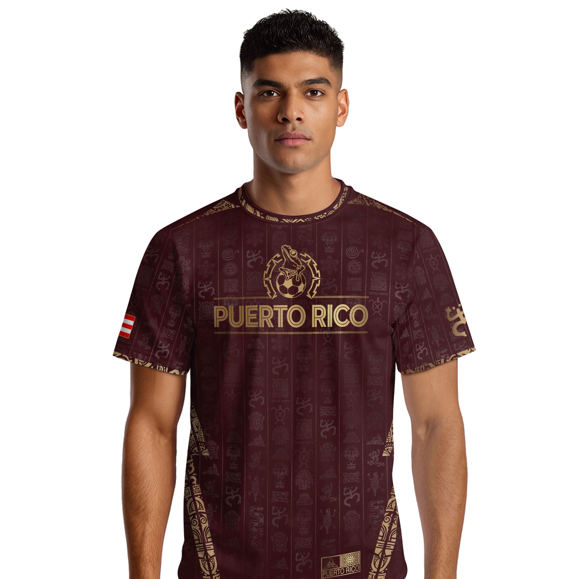 Camiseta de fútbol con símbolos boricuas del Sol Taíno, color dorado granate de Puerto Rico