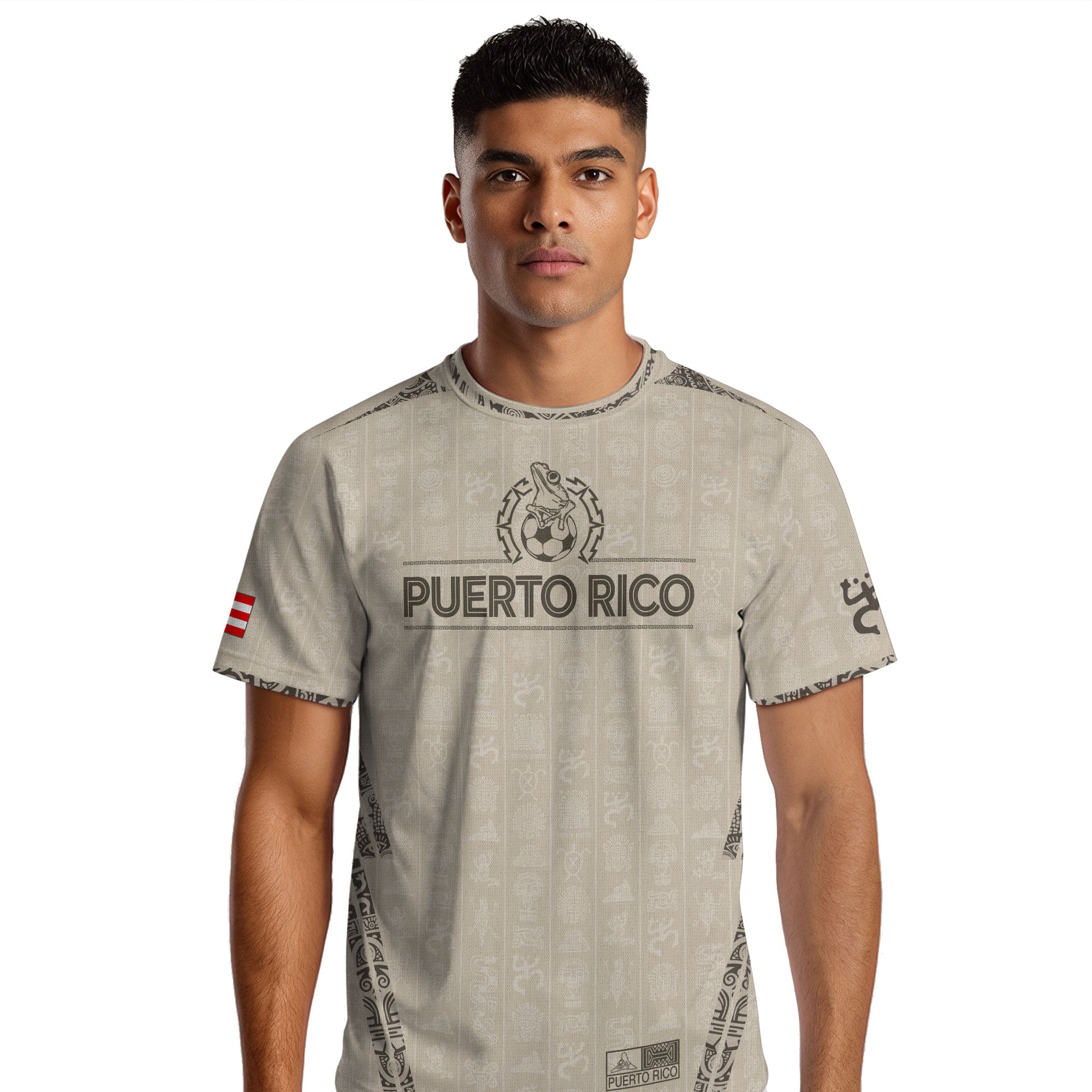 Camiseta de fútbol con símbolos boricuas del Sol Taino, color beige y dorado de Puerto Rico