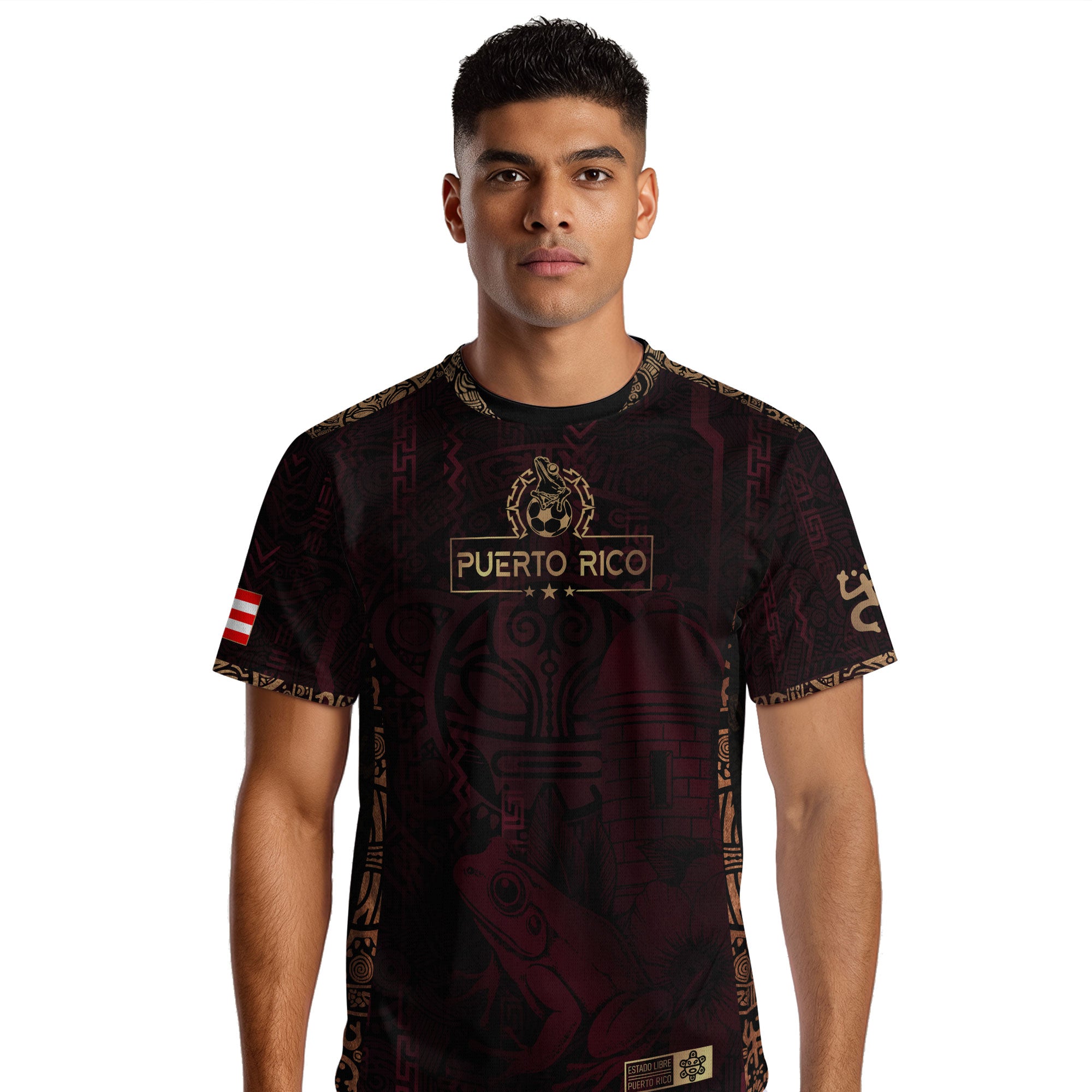 Puerto Rico Maroon Gold Heritage Taino Sun Boricua Coqui Frog Garita Camiseta de fútbol