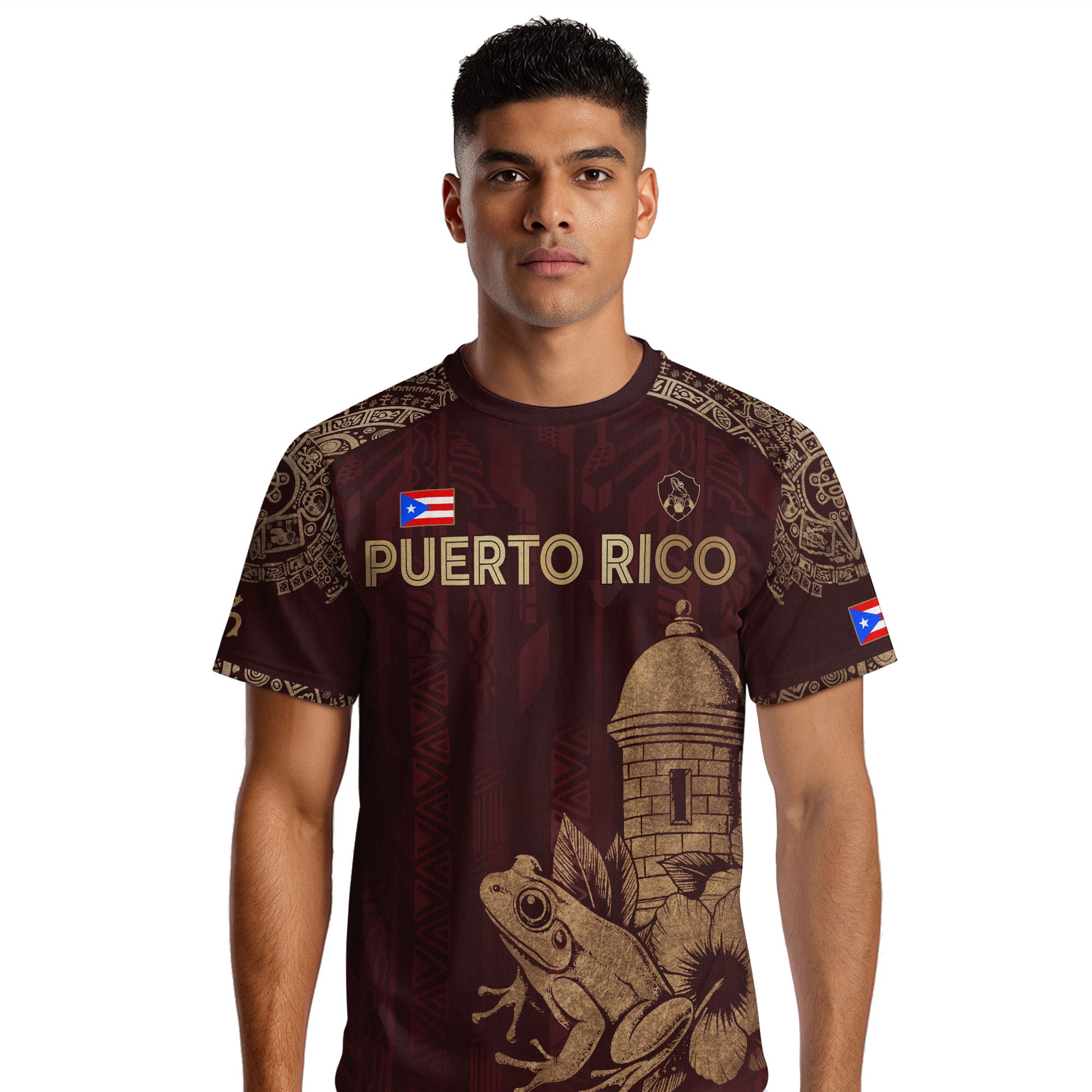 Puerto Rico Maroon Gold Coqui Frog Garita Floral Taino Sun National Heritage Camiseta de fútbol