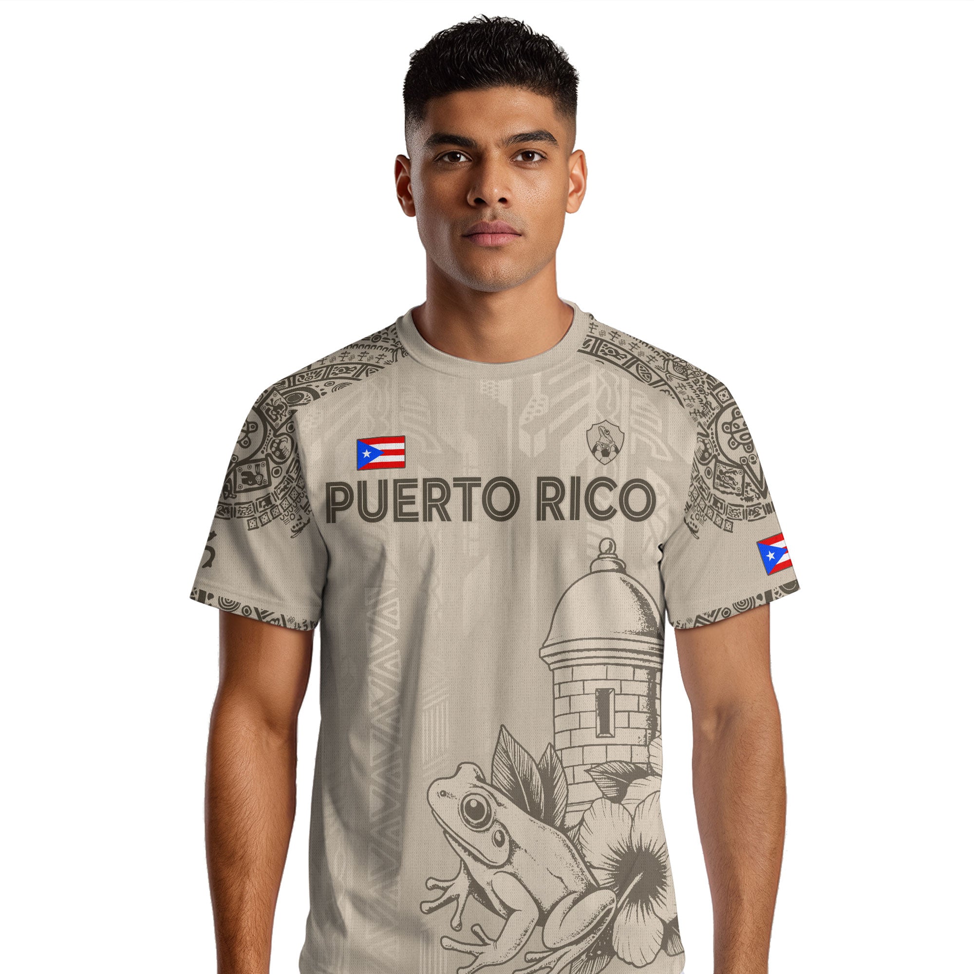 Puerto Rico Beige Oro Coqui Rana Garita Floral Taino Sol Patrimonio Nacional Camiseta de Fútbol