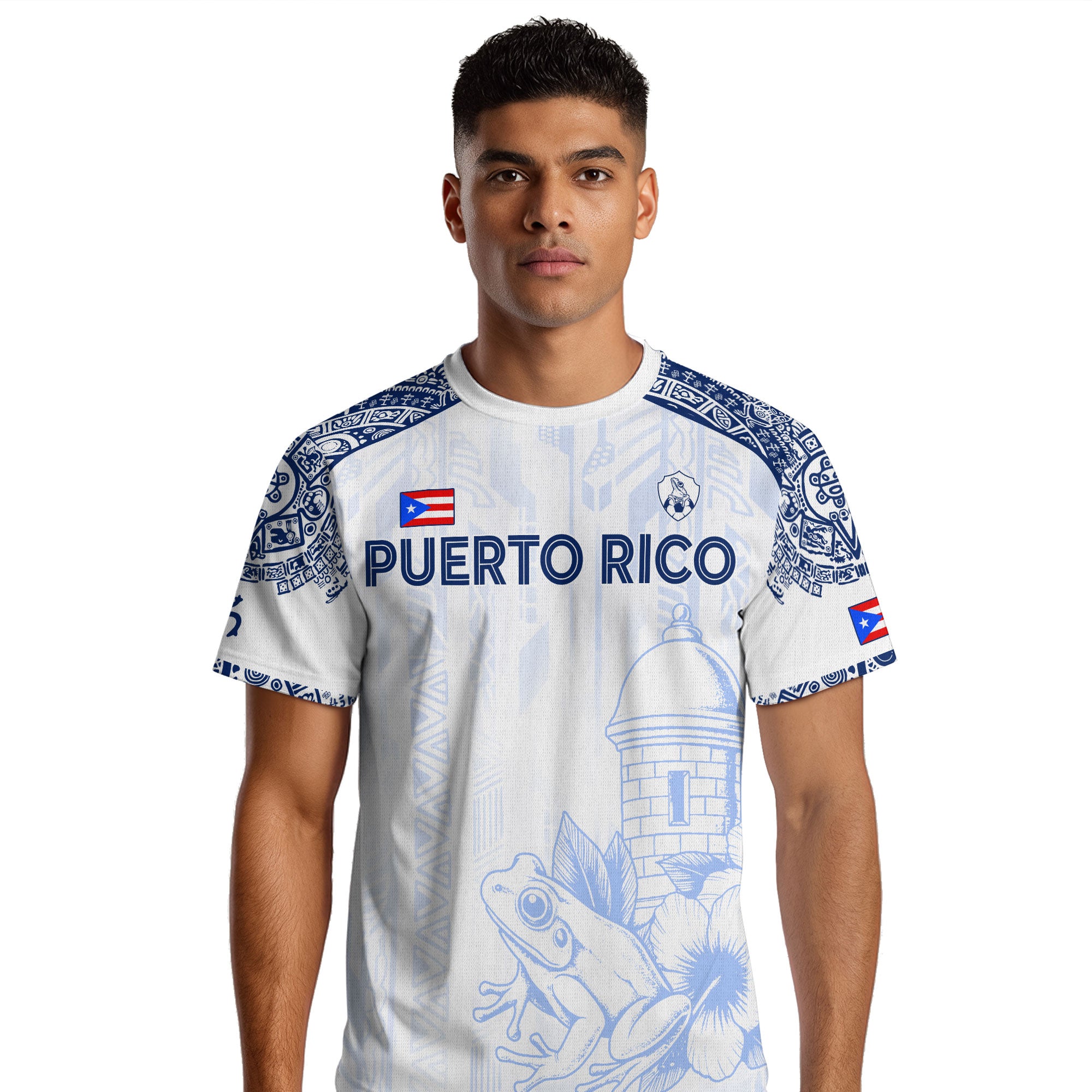 Puerto Rico White Blue Coqui Frog Floral Garita Taino Sun Island Heritage Soccer Jersey