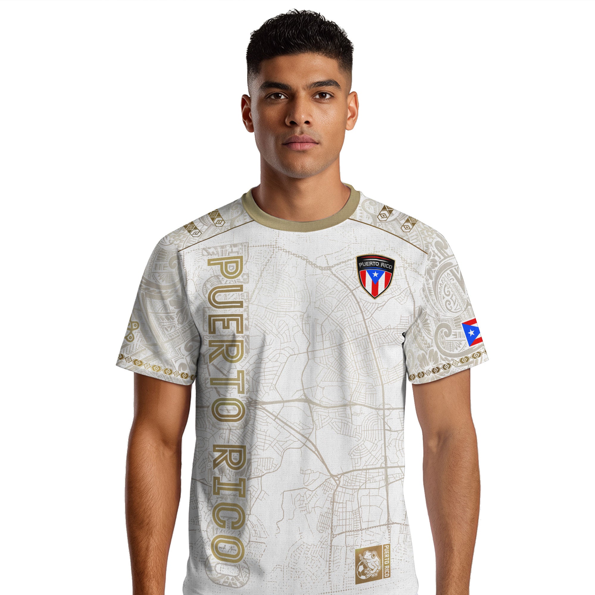 Camiseta de fútbol boricua del Patrimonio Nacional del Sol Taino con mapa de calles de Puerto Rico en oro blanco