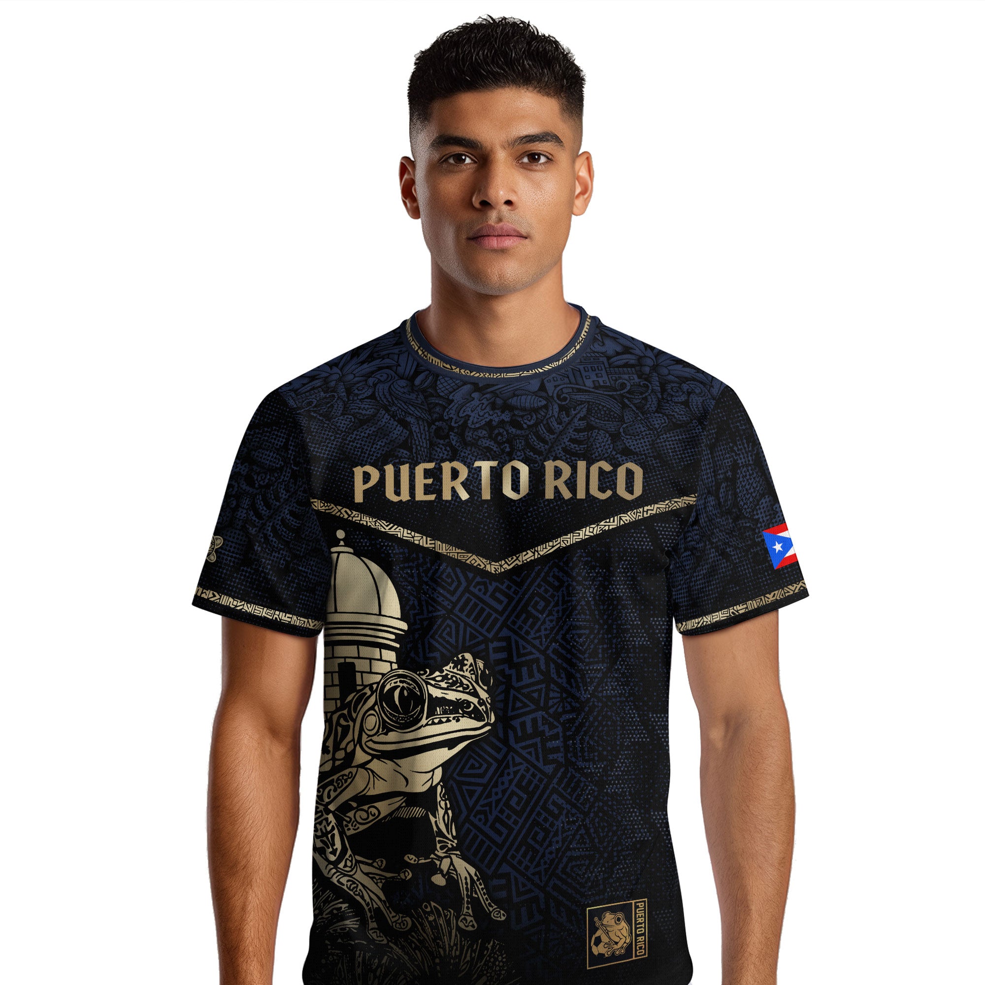 Puerto Rico Navy Gold Coqui Frog Garita Taino Sun National Heritage Camiseta de fútbol