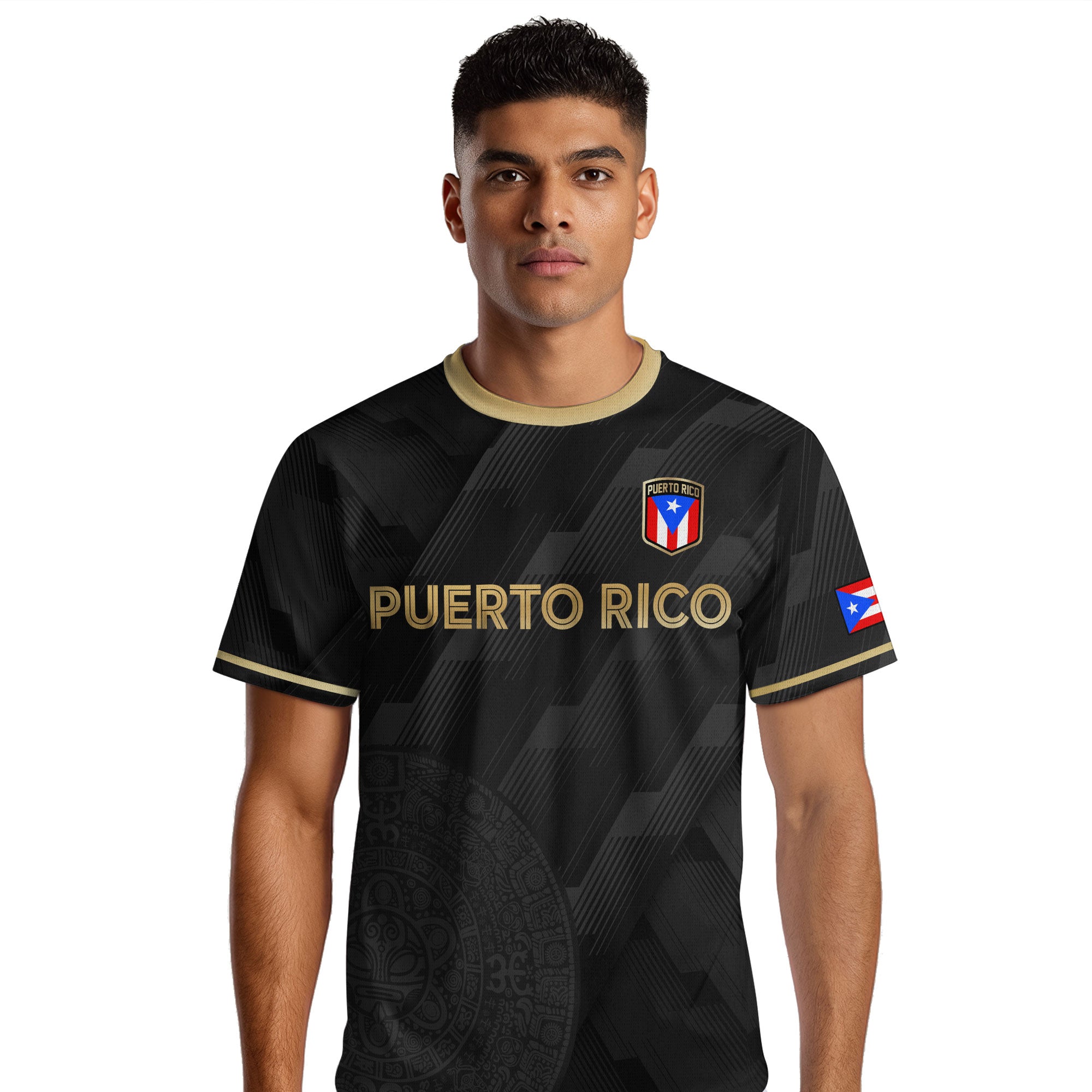 Puerto Rico Flag Boricua Taino Tribal Mask Gold Black National Pride Soccer Jersey
