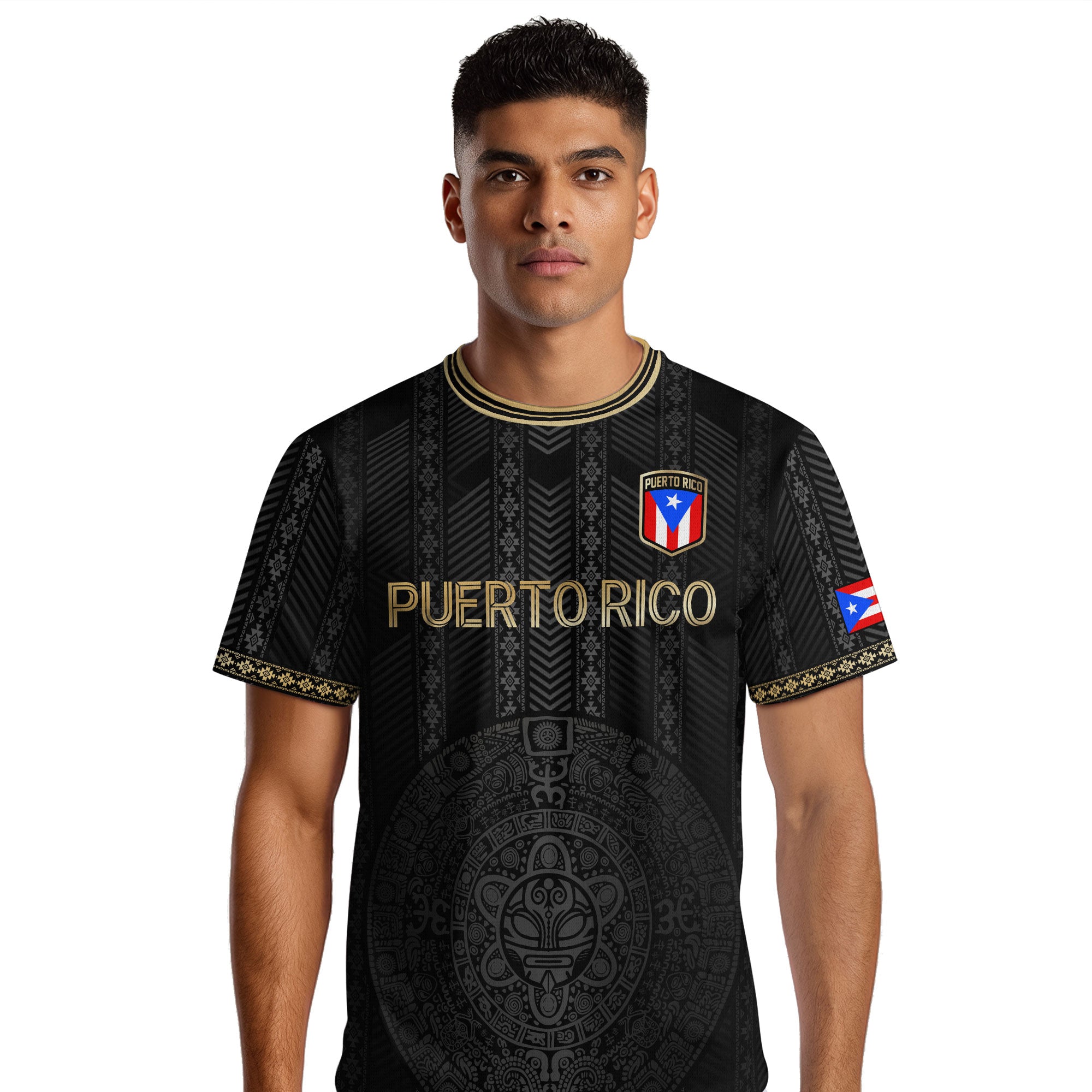 Puerto Rico Flag Boricua Taino Tribal Patterns Gold Black Pride Football Soccer Jersey
